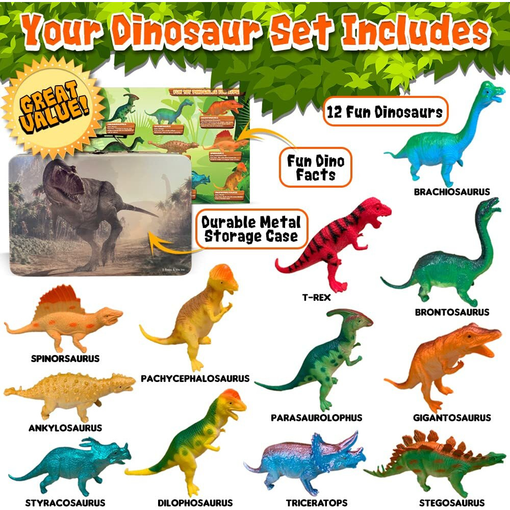 3 Bees & Me Dinosaur Toys For Kids 3-5 & 5-7 Boys & Girls - 12 6"" Fun Prehistoric Animal Action Figures With Storage Box, Age 3+, Girls & Boys Dinosaur Toys For Toddlers & Kids