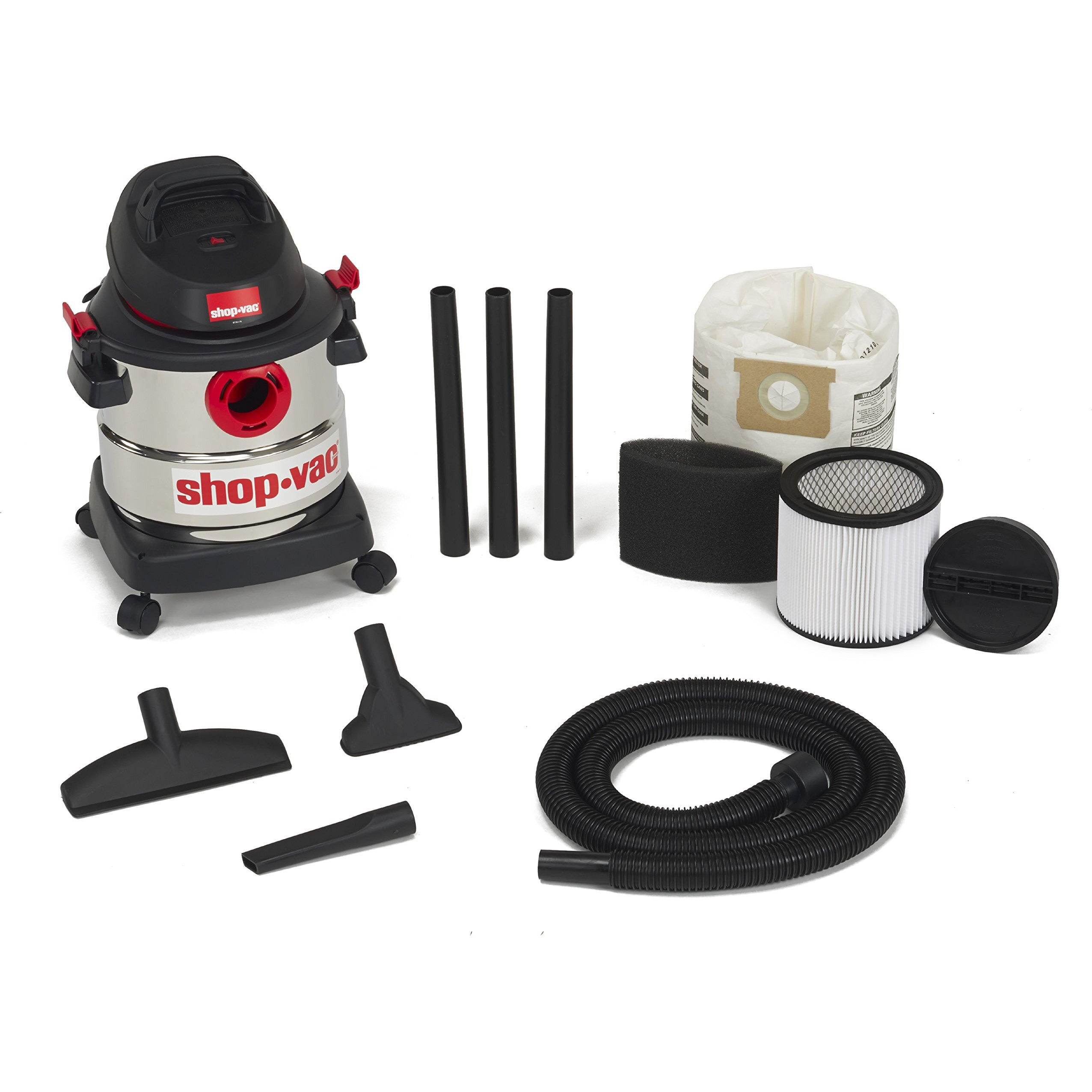 Shop-Vac 5989300 Stainless Steel Wet Dry Vacuum 4.5 Peak Hp Stainless Steel Wet Dry Vacuum, 1.25 Inch Diameter X 7 Foot Hose, 6 Ft Cord Length, Ideal For Jobsite, Garage, Car & Workshop
