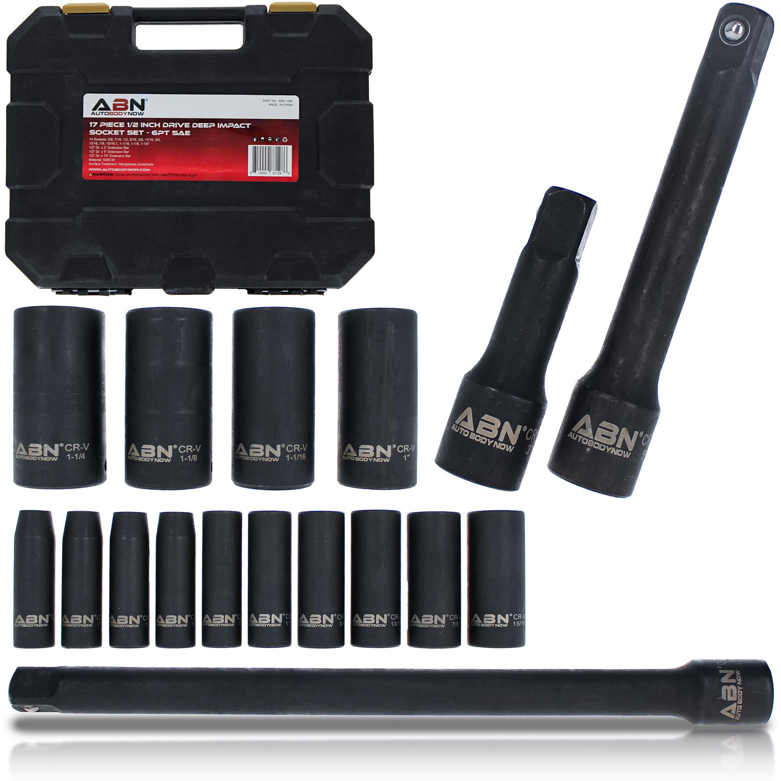 Abn Impact Socket Set - 17 Piece 1/2 Inch Deep Impact Driver Sockets And Extension Bars, 6 Point Sae Socket Set