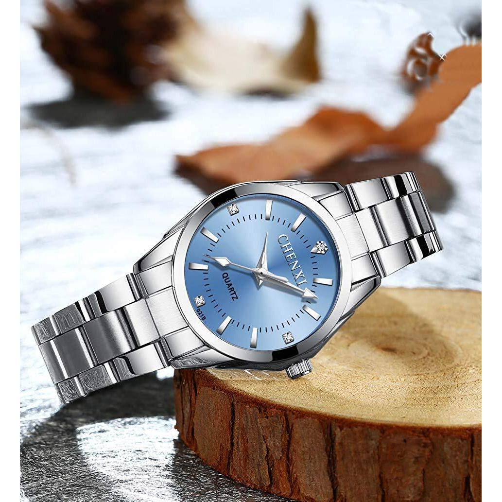 Mastop Women Classic Fashion Silver Stainless Steel Watch Waterproof Lady Dress Wrist Watch (Blue)