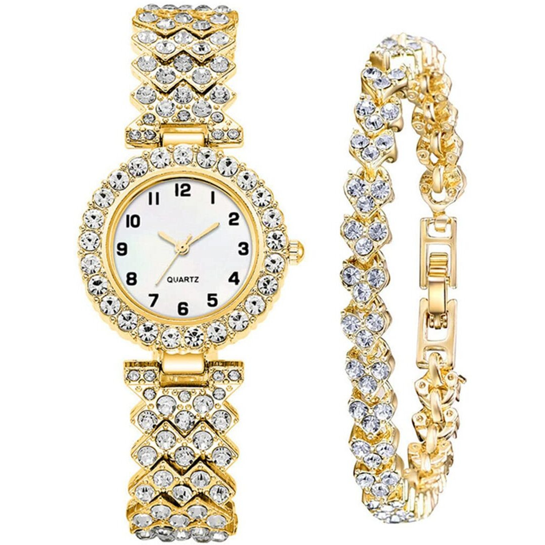 Senrud Luxury Quartz Chain Bracelet Watches Women Crystal Diamonds Dress Female Waterproof Wristwatch (Gold)