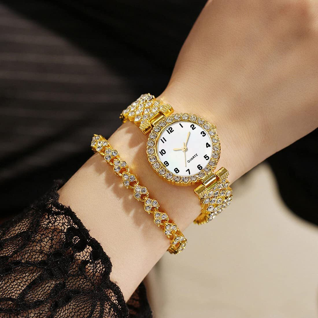 Senrud Luxury Quartz Chain Bracelet Watches Women Crystal Diamonds Dress Female Waterproof Wristwatch (Gold)
