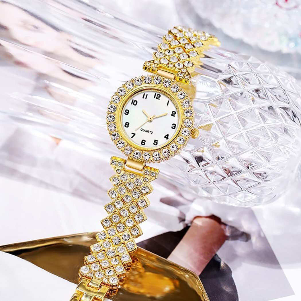 Senrud Luxury Quartz Chain Bracelet Watches Women Crystal Diamonds Dress Female Waterproof Wristwatch (Gold)
