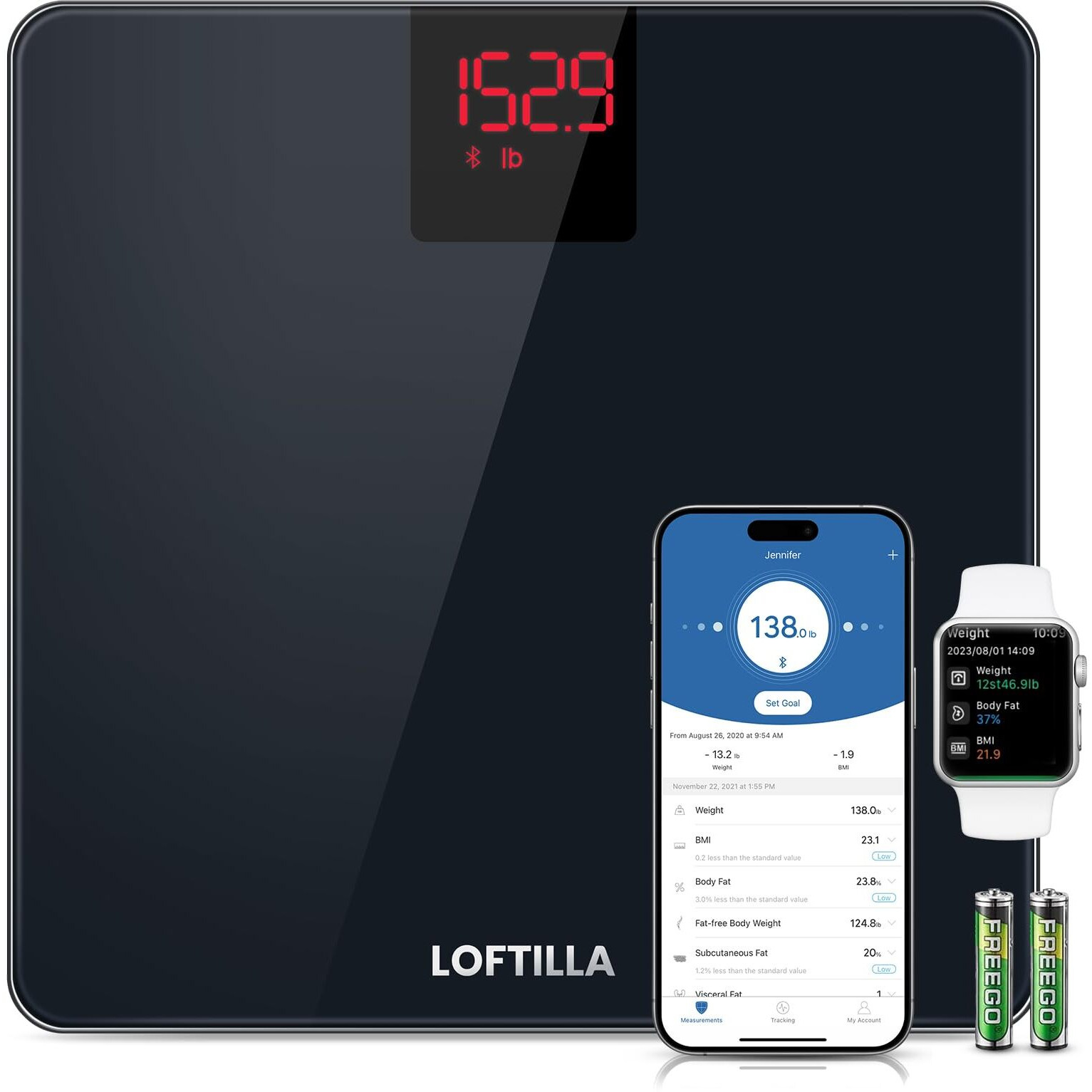 Loftilla Smart Scale For Body Weight, Weight Scale, Digital Bathroom Scales, Scale With Bmi, Body Fat, Muscle Mass, Apple Health Compatible