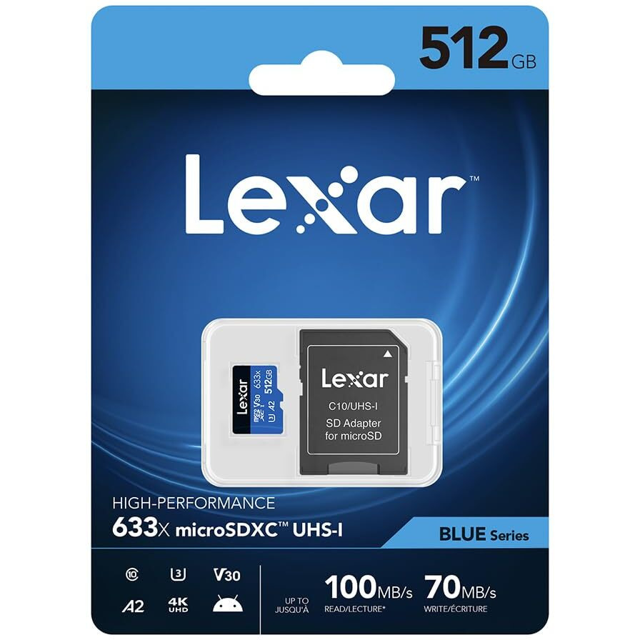 Lexar High-Performance 633X 512Gb Microsdxc Uhs-I Card W/ Sd Adapter, C10, U3, V30, A2, Full-Hd & 4K Video, Up To 100Mb/S Read, For Smartphones, Tablets, And Action Cameras (Lsdmi512Bbnl633A)
