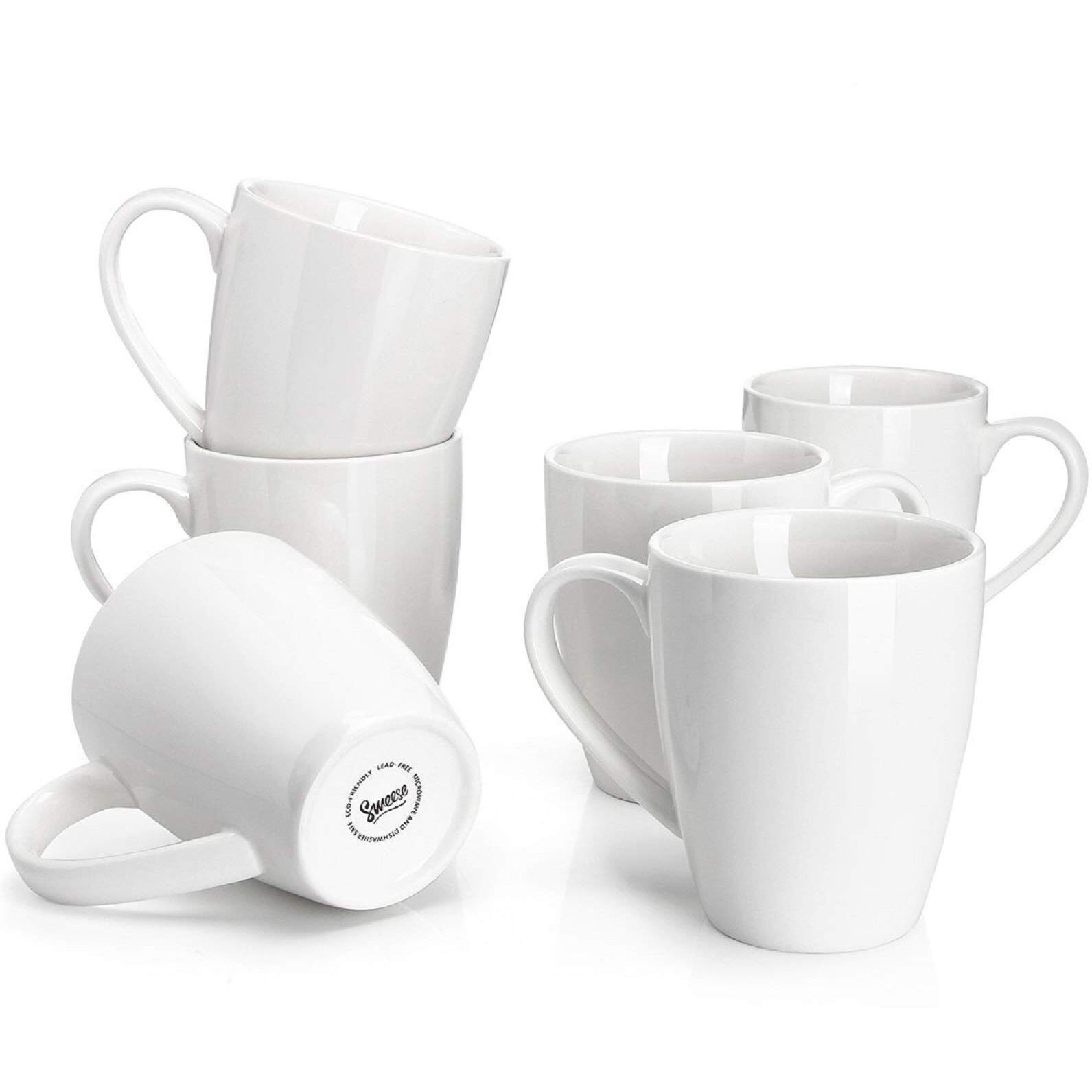 Sweese Porcelain Coffee Mugs - 16 Ounce - Set Of 6, Cups For Latte, Hot Tea, Cappuccino, Mocha, Cocoa, White