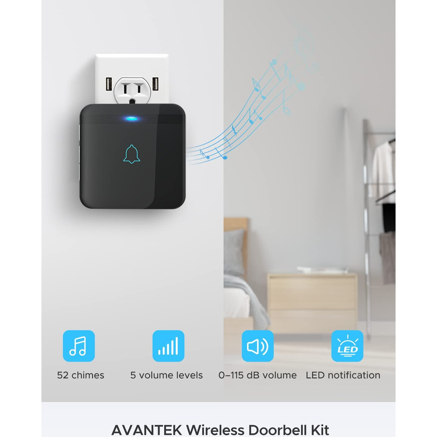 Avantek Wireless Doorbell, D-3G Waterproof Chime Kit Operating At Over 1300 Feet With 52 Melodies, 5 Volume Levels & Led Flash