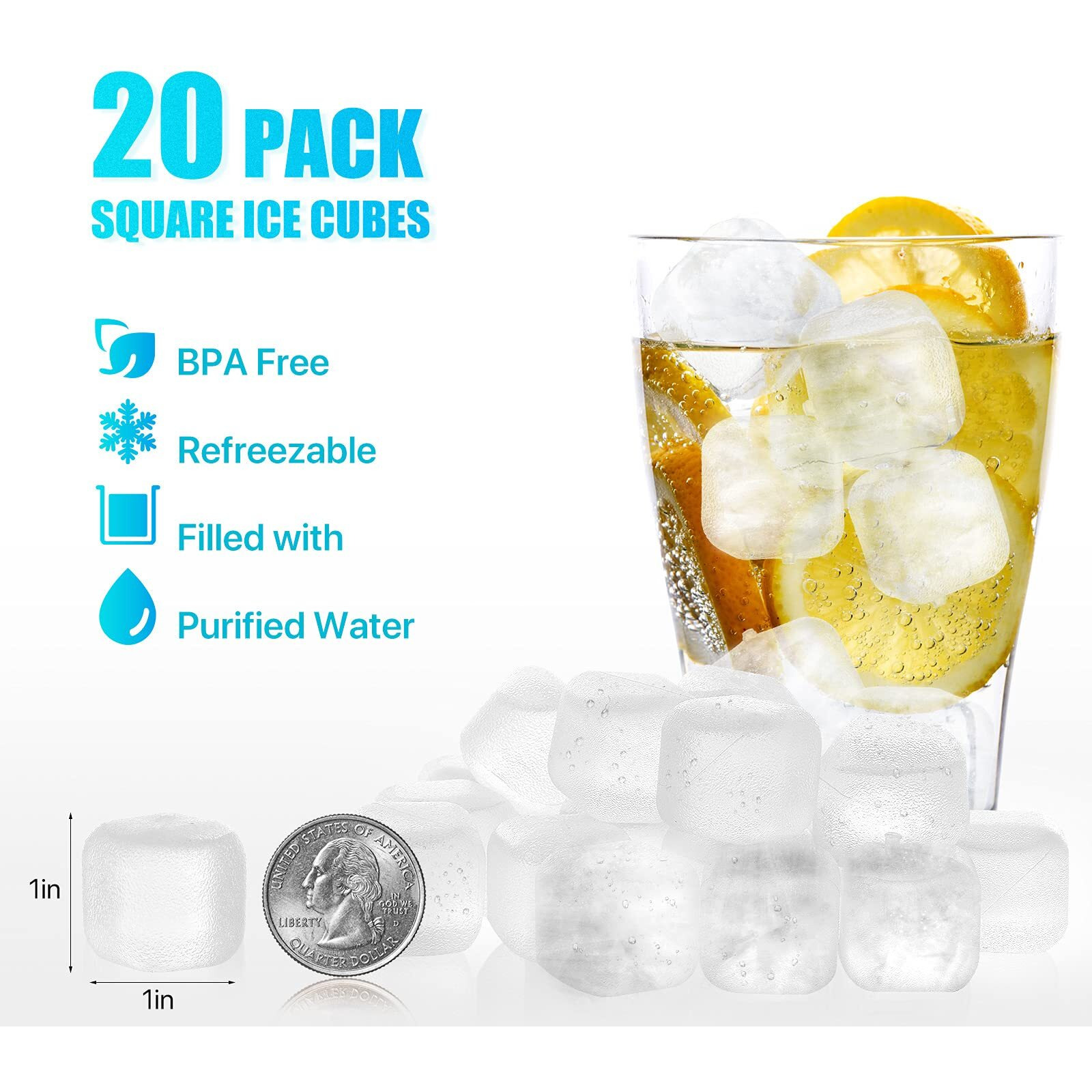 Reusable Ice Cubes For Drinks, 20 Pack Refreezable Plastic Ice Cubes Bpa Free, Chills Drinks Without Diluting, Washable Fake Ice Cubes For Cocktails, Wine, Beer Or Coffee Easy To Use