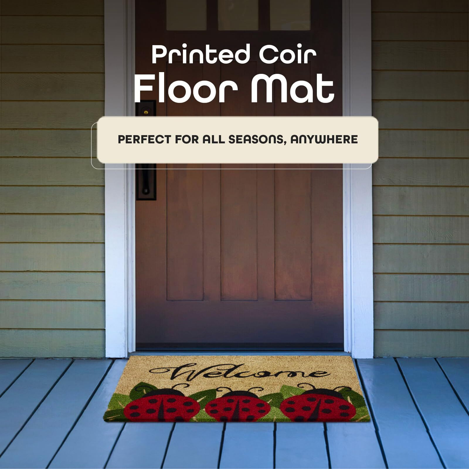 Printed Coir Door Mat, Ladybug - 18 Inch Width, 30 Inch Length - Durable, Easy To Clean, & Decorative Outdoor Welcome Mats - Heavy-Duty For All Weather - Doormat Traps Dirt, Debris, & Mud