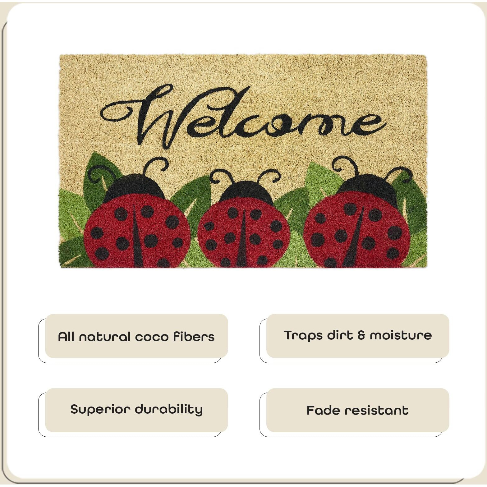 Printed Coir Door Mat, Ladybug - 18 Inch Width, 30 Inch Length - Durable, Easy To Clean, & Decorative Outdoor Welcome Mats - Heavy-Duty For All Weather - Doormat Traps Dirt, Debris, & Mud