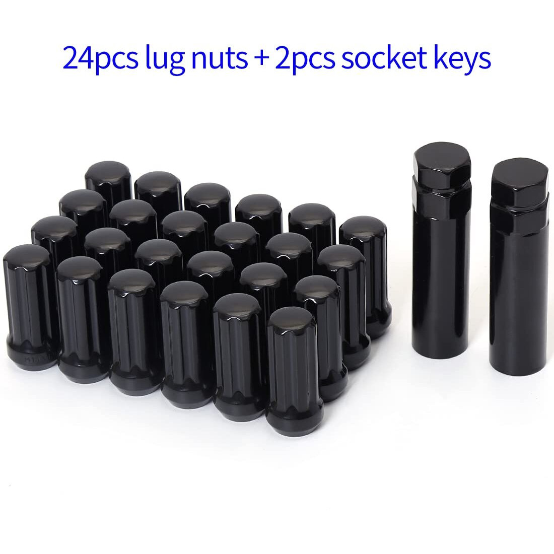 M14X1.5 Lug Nuts 14X1.5 Spline Lug Nuts M14 X 1.5 Black 2"" Tall Set Of 24 Pcs 2 Socket Keys 14Mmx1.5 Lug Nuts Acorn Aftermarket Wheel Lug Nut
