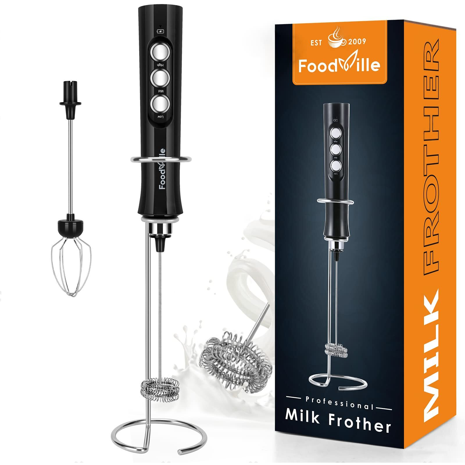 Foodville Mf02 Rechargeable Milk Frother Handheld Foam Maker With Stainless Whisk For Cappuccino, Latte, Bulletproof Coffee, Keto Diet, Protein Powder, Matcha