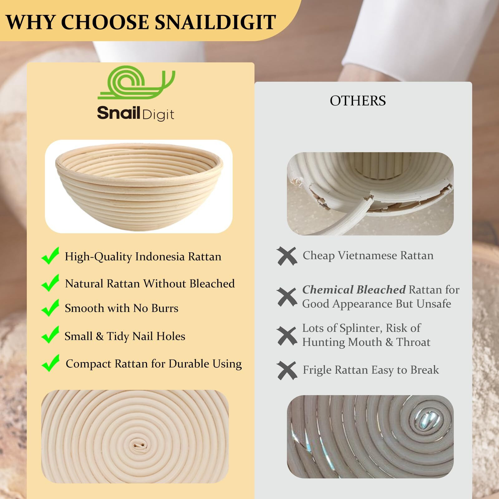 Snaildigit Banneton Bread Proofing Basket Set Of 2 9 Inch Round Sourdough Proofing Bowls For Artisan Bread Making For Professionals And Home Bakers