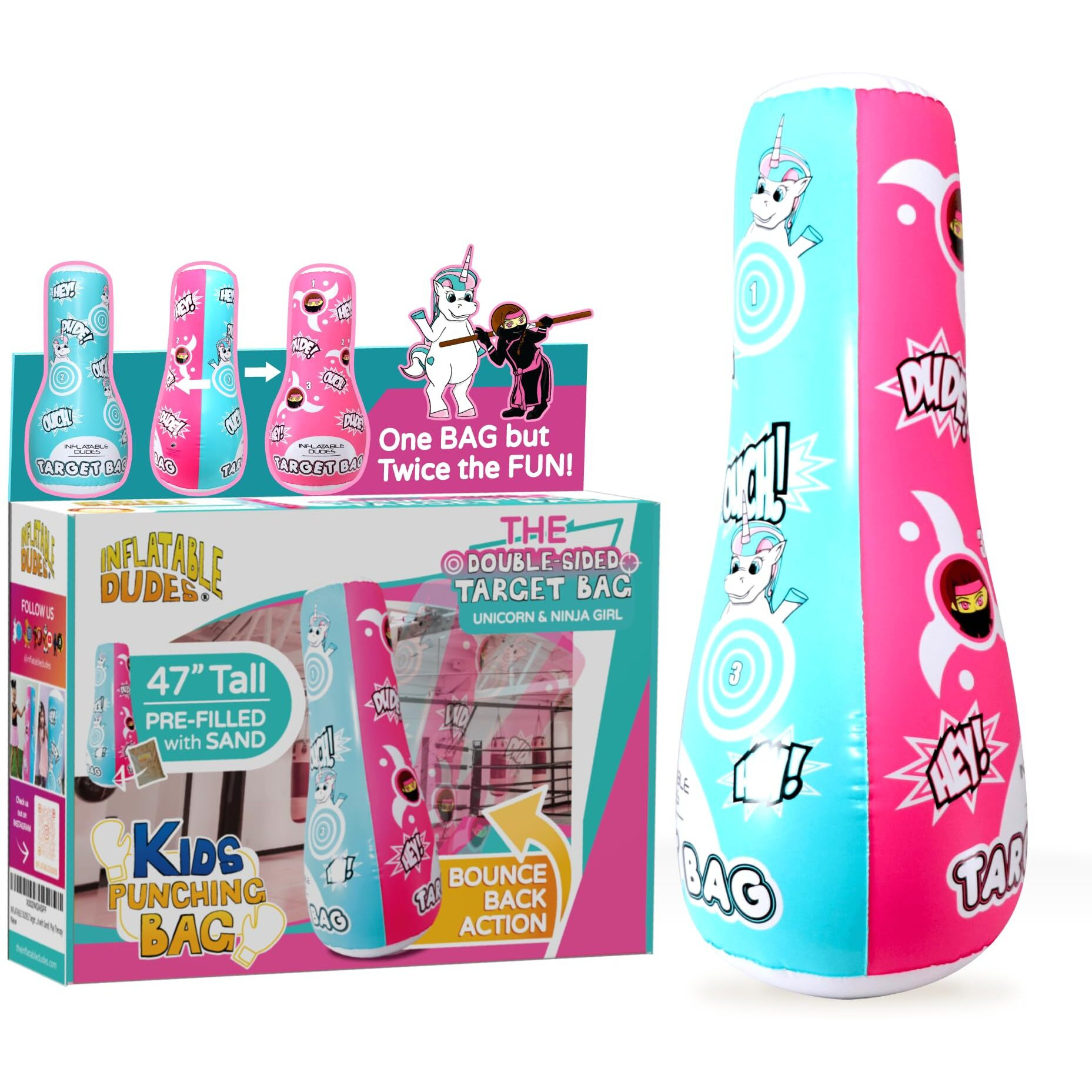 Inflatable Dudes Target Bag - Double-Sided- Unicorn And Ninja Girl 47 Inches - Kids Punching Bag| Already Filled With Sand| Bop Bag| Boxing| Punching Bag For Kids- (Unique And Kuno)