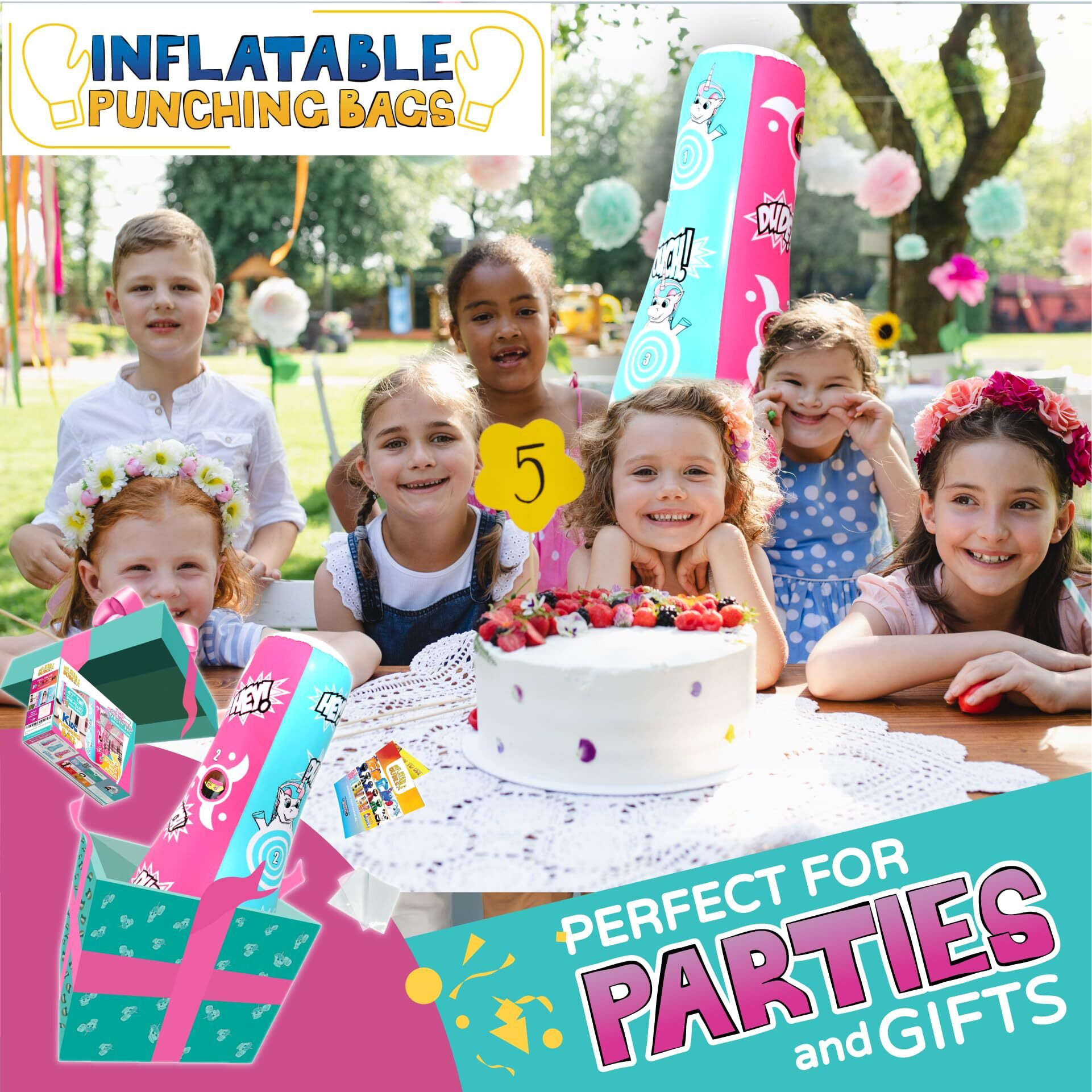 Inflatable Dudes Target Bag - Double-Sided- Unicorn And Ninja Girl 47 Inches - Kids Punching Bag| Already Filled With Sand| Bop Bag| Boxing| Punching Bag For Kids- (Unique And Kuno)