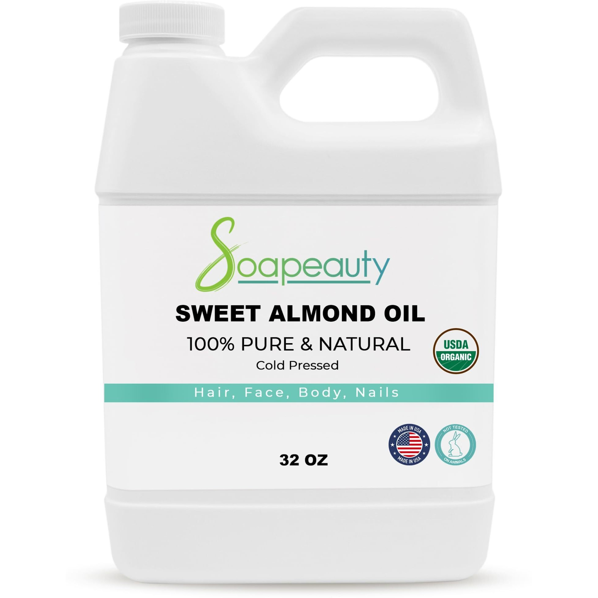 Soapeauty Sweet Almond Oil Cold Pressed Refined Usda Organic | 100% Pure Sweet Almond Oil Available In Bulk | Carrier For Essential Oils, Almond Oil For Skin, Face, And Hair, Soap Making | 32 Fl Oz