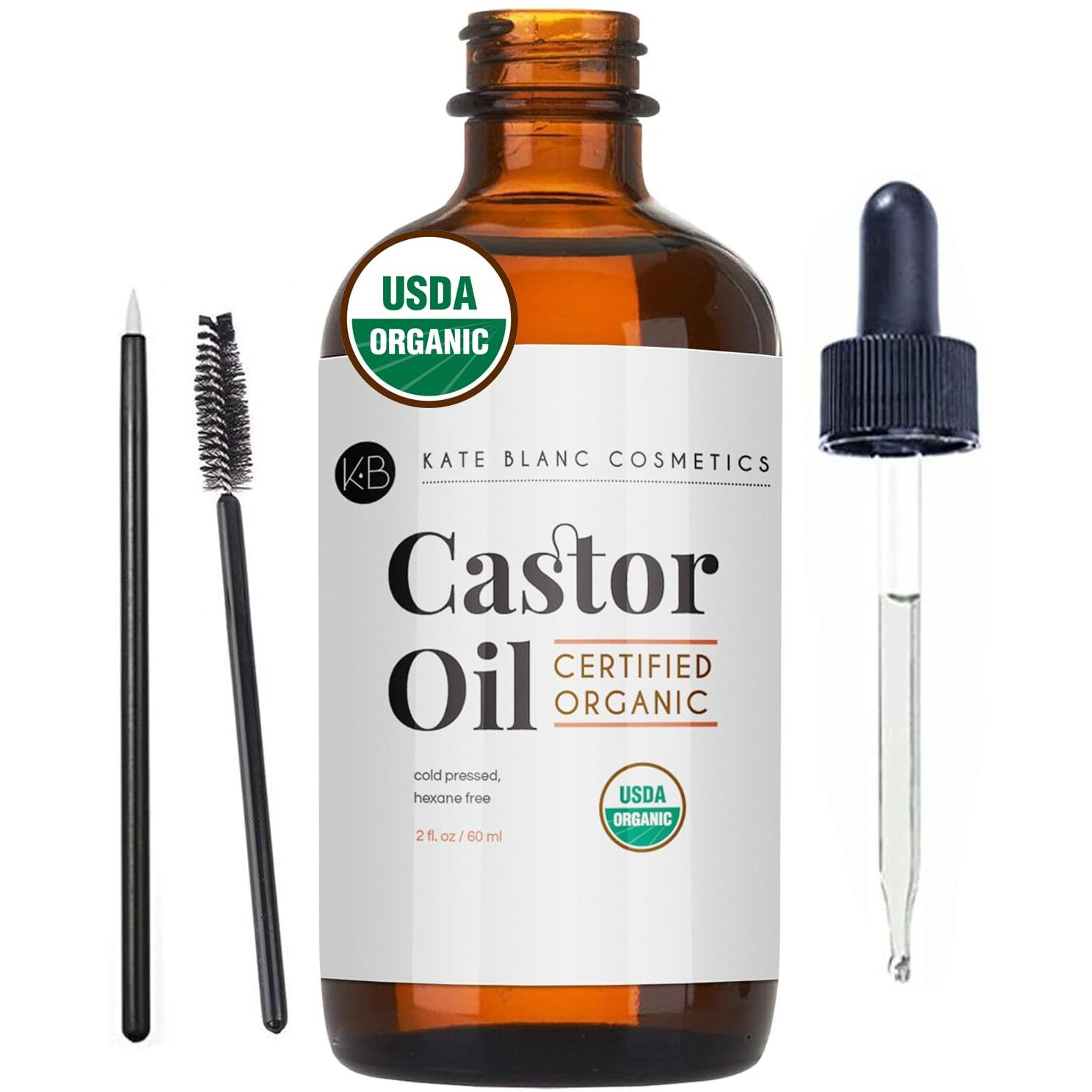 Kate Blanc Cosmetics Castor Oil Organic (2Oz), 100% Pure, Cold Pressed, Hexane Free. Stimulate Growth For Hair, Eyelashes, Eyebrows. Hair Treatment Starter Kit & Skin Moisturizer