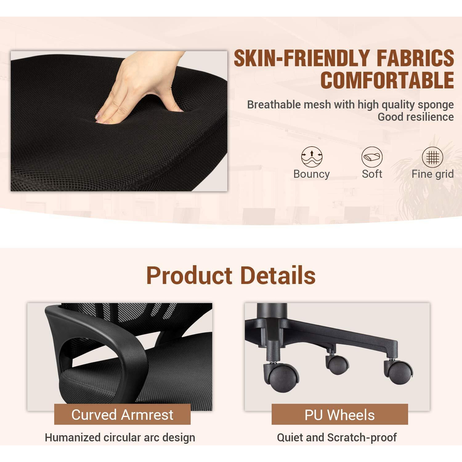 Furmax Office Ergonomic Desk Mesh Computer, Mid Back Swivel Task Executive Chair With Lumbar Support And Armrests, Black
