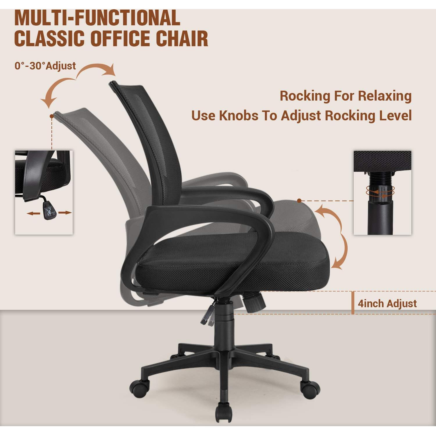 Furmax Office Ergonomic Desk Mesh Computer, Mid Back Swivel Task Executive Chair With Lumbar Support And Armrests, Black