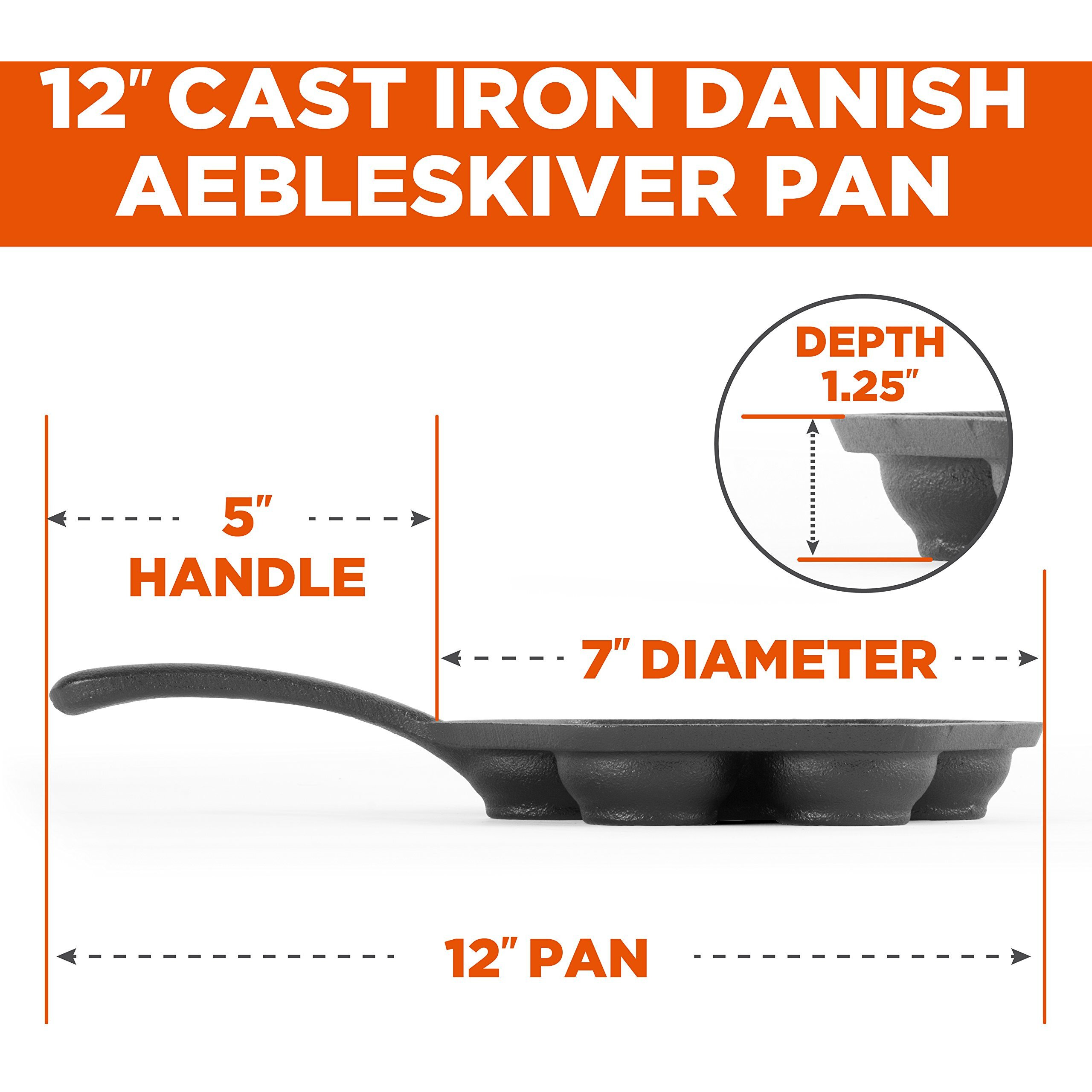 Commercial Chef Cast Iron Danish Aebleskiver Pan, Preseasoned Cast Iron Cookware For Pancake Puffs, Makes 7 Pancake Balls