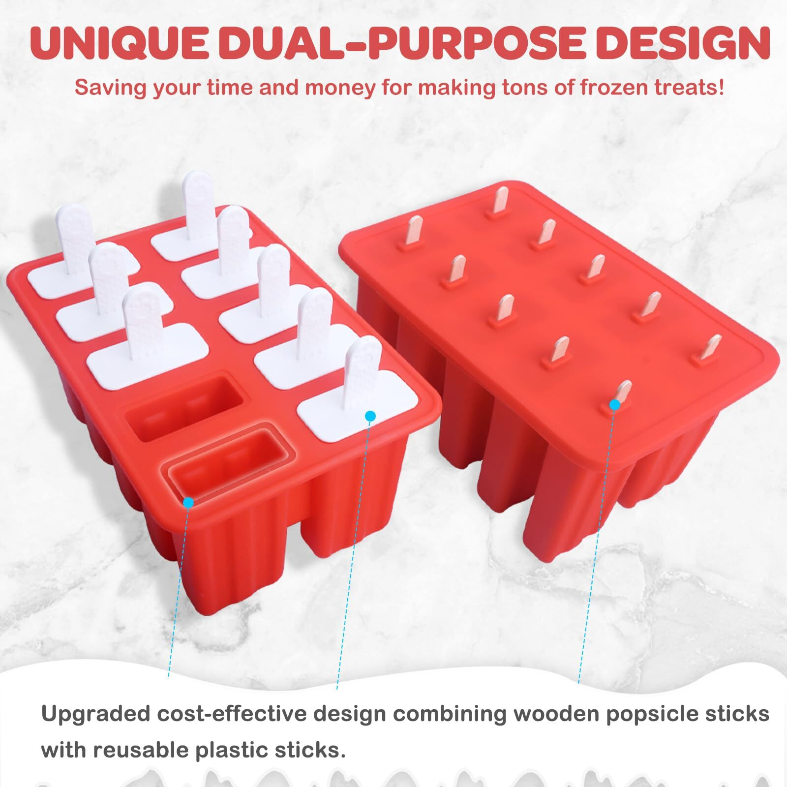 Miaowoof Homemade Popsicle Molds, 10-Cav Non-Bpa Silicone Ice Pop Maker, With 50 Sticks, 50 Bags, 10 Reusable Sticks, Funnel, Brush And Ice Pop Recipe (Red)