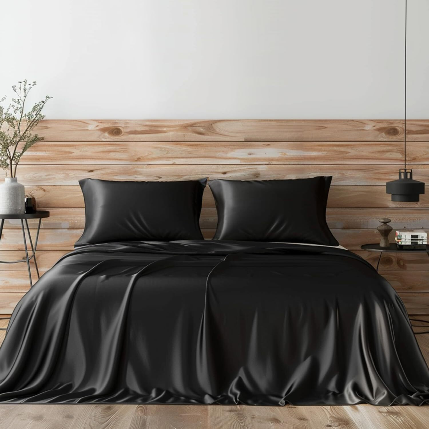 Candoury Satin Sheets Queen Bed Set 4 Pcs, Soft And Durable Pillowcase, Flat Sheet And Fitted Sheet, Hotel Luxury Silky Satin Sheets Set(Queen, Black)