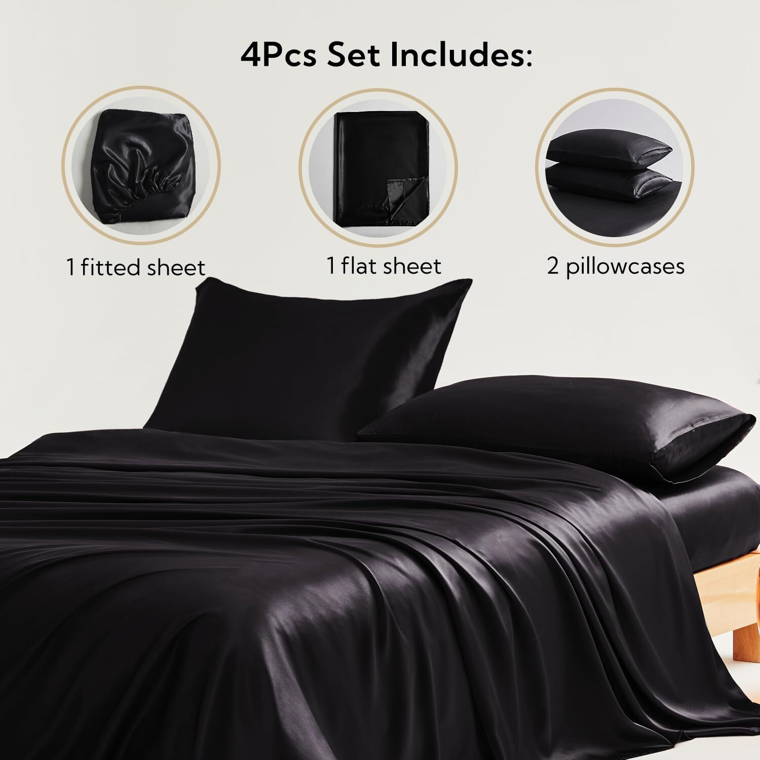 Candoury Satin Sheets Queen Bed Set 4 Pcs, Soft And Durable Pillowcase, Flat Sheet And Fitted Sheet, Hotel Luxury Silky Satin Sheets Set(Queen, Black)