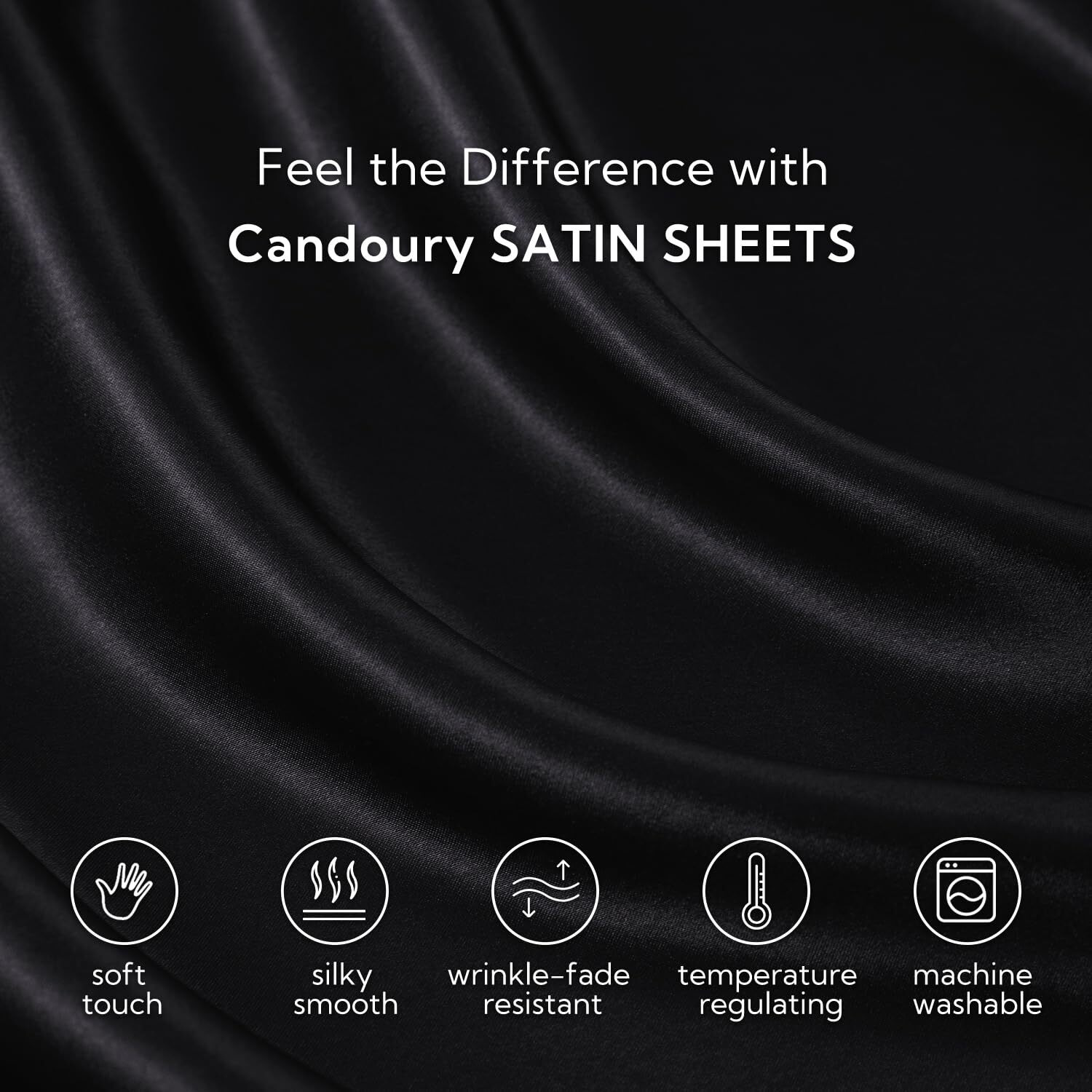 Candoury Satin Sheets Queen Bed Set 4 Pcs, Soft And Durable Pillowcase, Flat Sheet And Fitted Sheet, Hotel Luxury Silky Satin Sheets Set(Queen, Black)