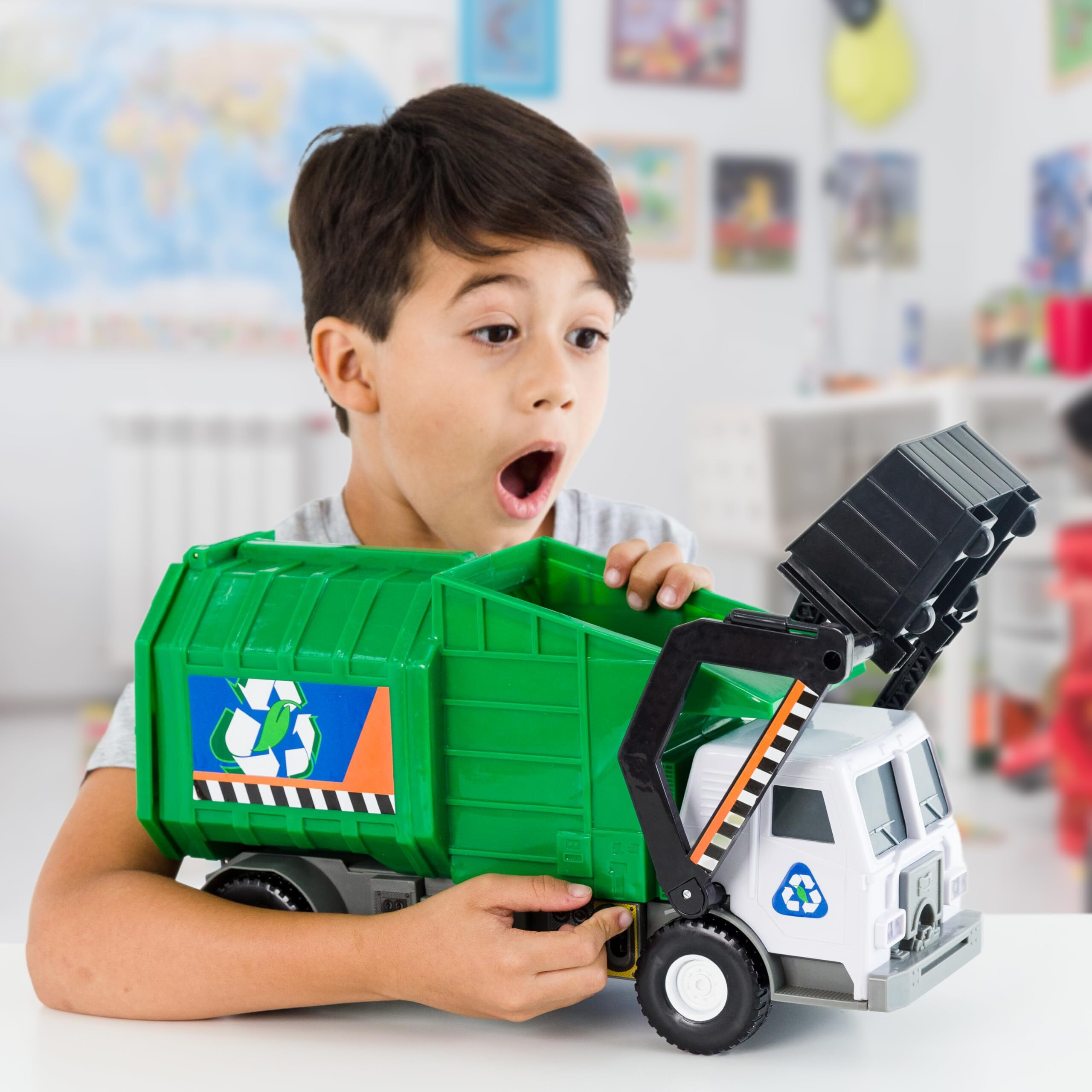 Mighty Fleet Mighty Motorized Garbage Truck Toy W/Lights & Sounds, Motorized Front Arm, Garbage Bin, Realistic Design & Batteries Included - Age 3+