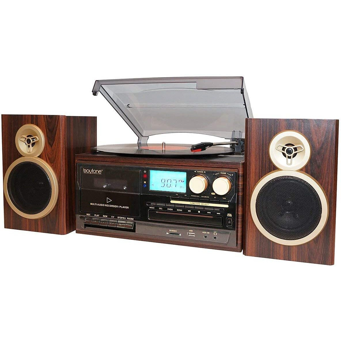 Boytone Bt-28Spm, Bluetooth Classic Style Record Player Turntable With Am/Fm Radio, Cd / Cassette Player, 2 Separate Stereo Speakers
