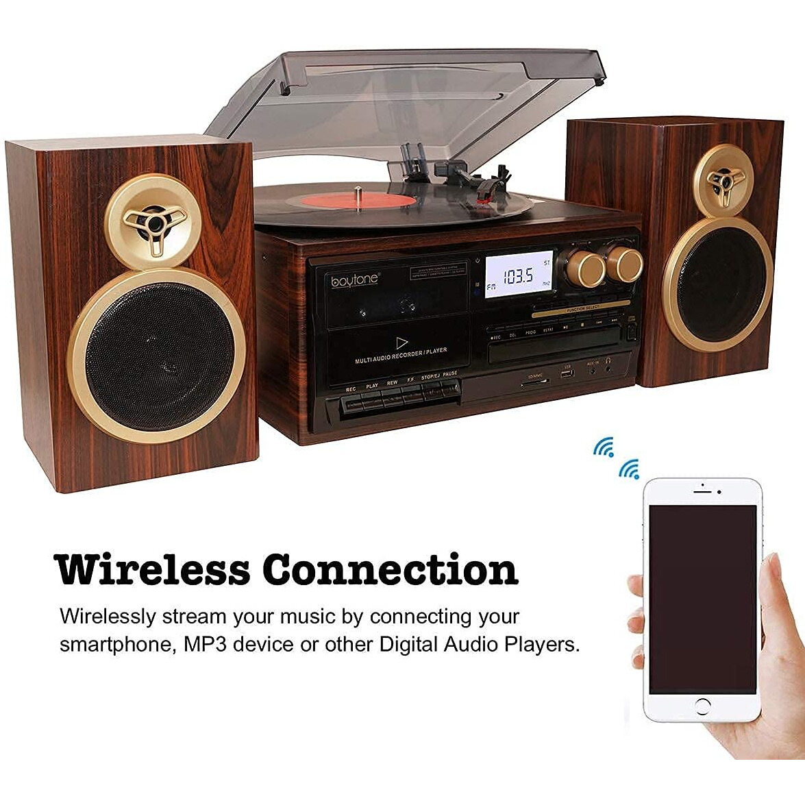 Boytone Bt-28Spm, Bluetooth Classic Style Record Player Turntable With Am/Fm Radio, Cd / Cassette Player, 2 Separate Stereo Speakers