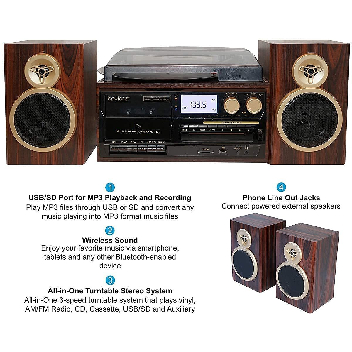 Boytone Bt-28Spm, Bluetooth Classic Style Record Player Turntable With Am/Fm Radio, Cd / Cassette Player, 2 Separate Stereo Speakers