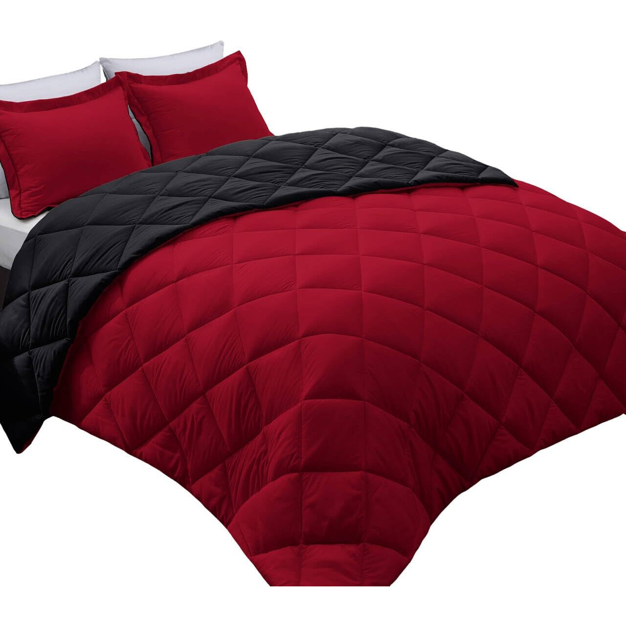 Basic Beyond Queen Comforter Set, Red And Black Comforter Set Queen Size, Reversible Bed Comforter Queen Bed Set For All Seasons, 1 Comforter (88"&quotX92"") And 2 Pillow Shams (20"&quotX26""+2"")