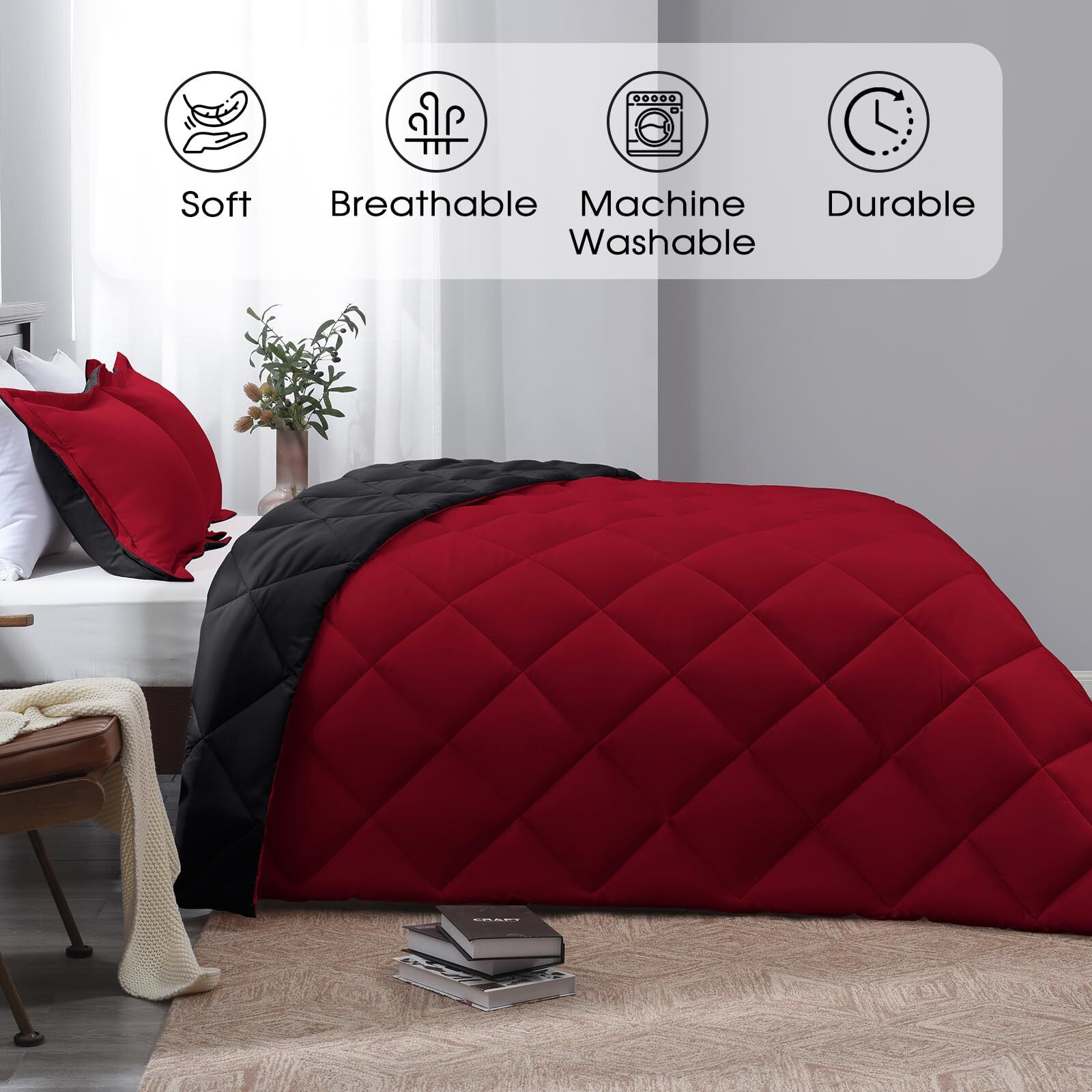 Basic Beyond Queen Comforter Set, Red And Black Comforter Set Queen Size, Reversible Bed Comforter Queen Bed Set For All Seasons, 1 Comforter (88"&quotX92"") And 2 Pillow Shams (20"&quotX26""+2"")