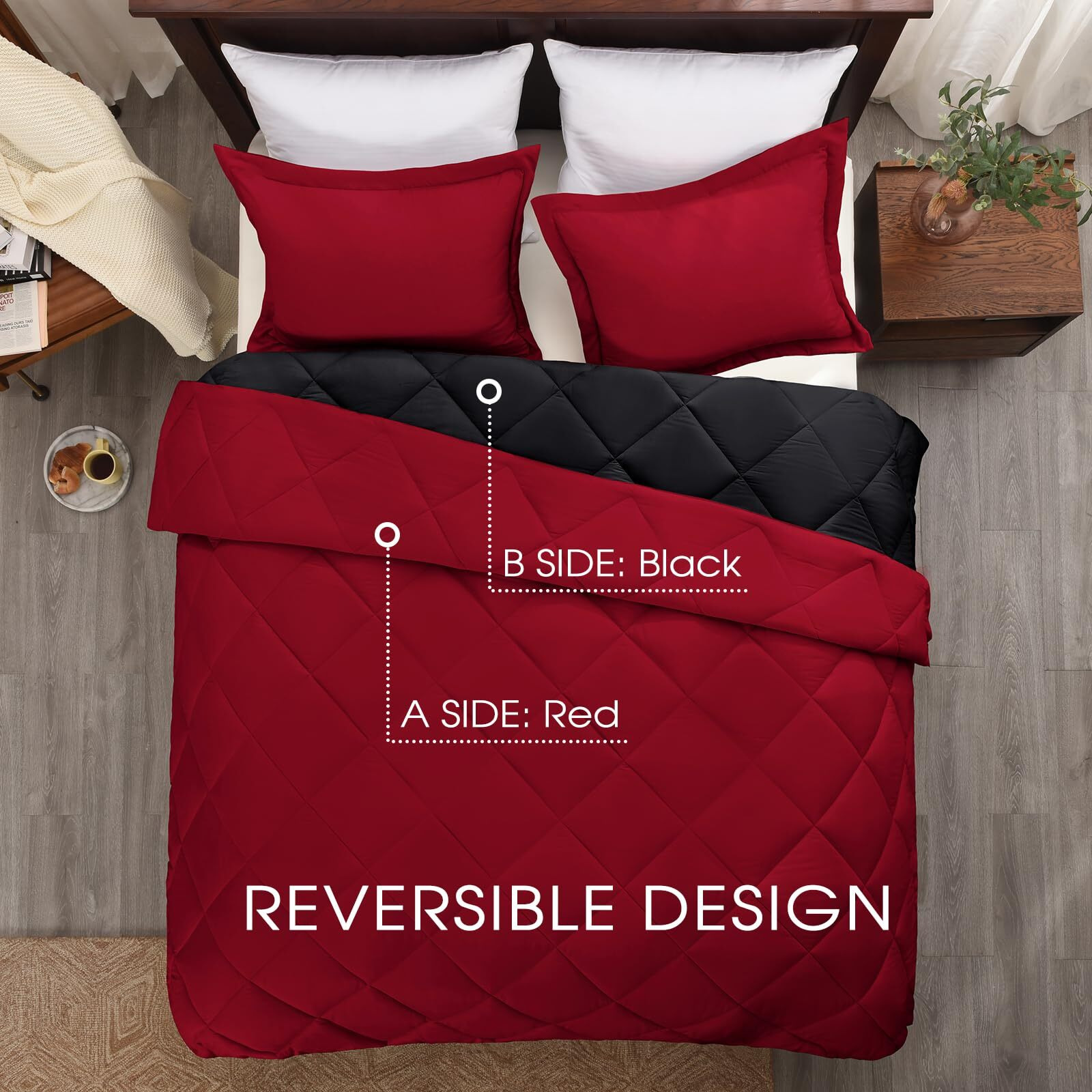 Basic Beyond Queen Comforter Set, Red And Black Comforter Set Queen Size, Reversible Bed Comforter Queen Bed Set For All Seasons, 1 Comforter (88"&quotX92"") And 2 Pillow Shams (20"&quotX26""+2"")