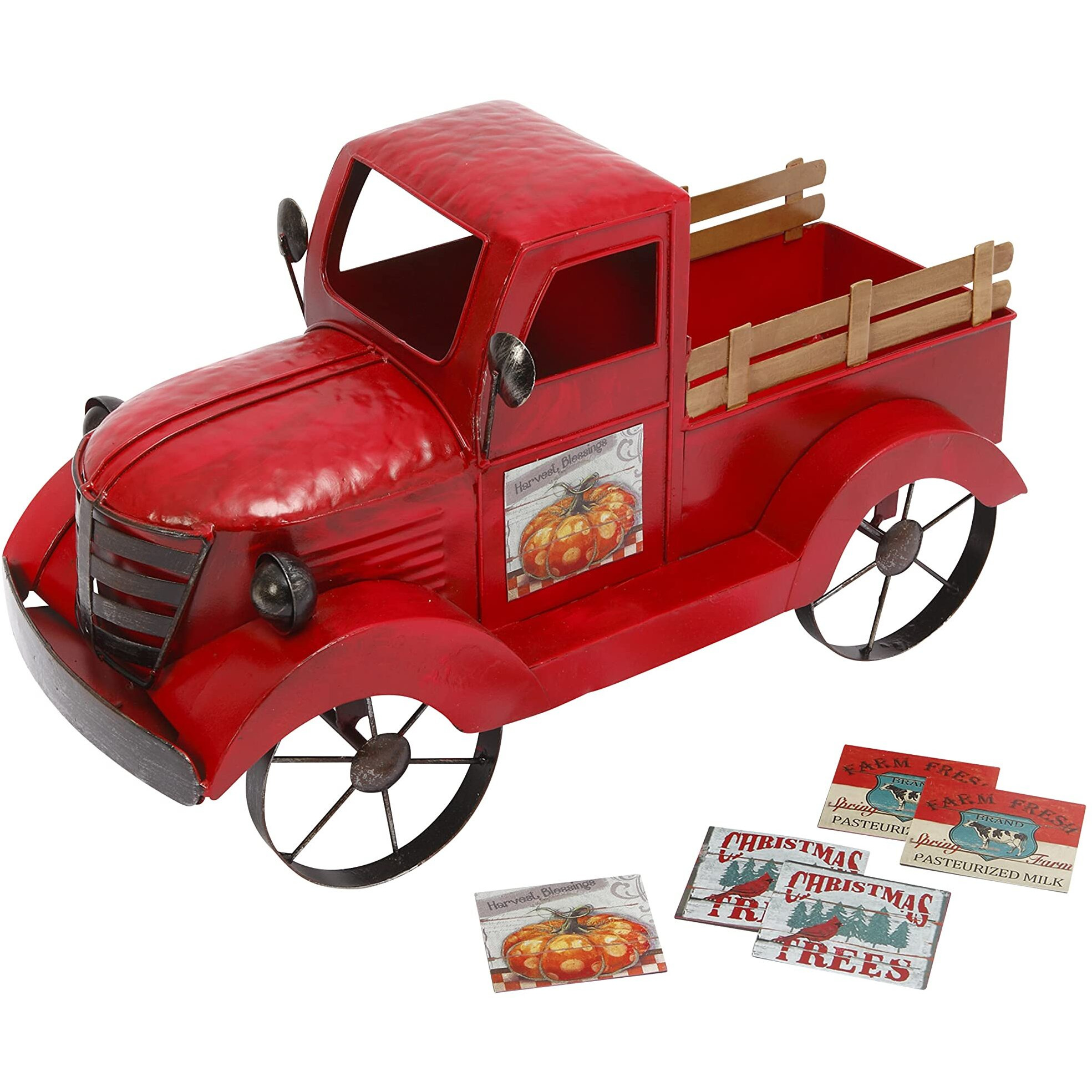 Antique Red Metal Vintage Truck With Christmas Tree D  Cor