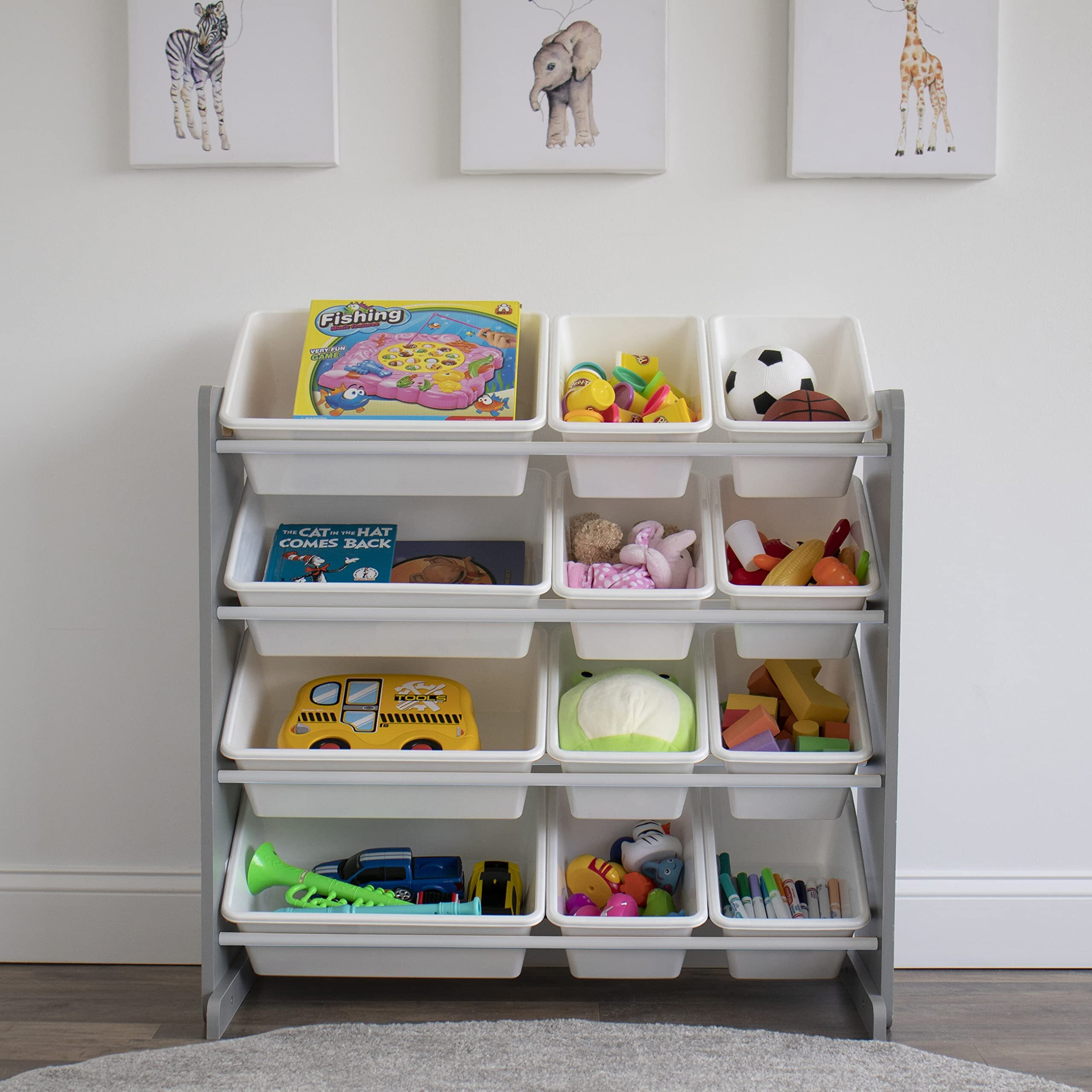 Humble Crew, Grey/White Kids Toy Organizer With 12 Storage Bins, Toddler
