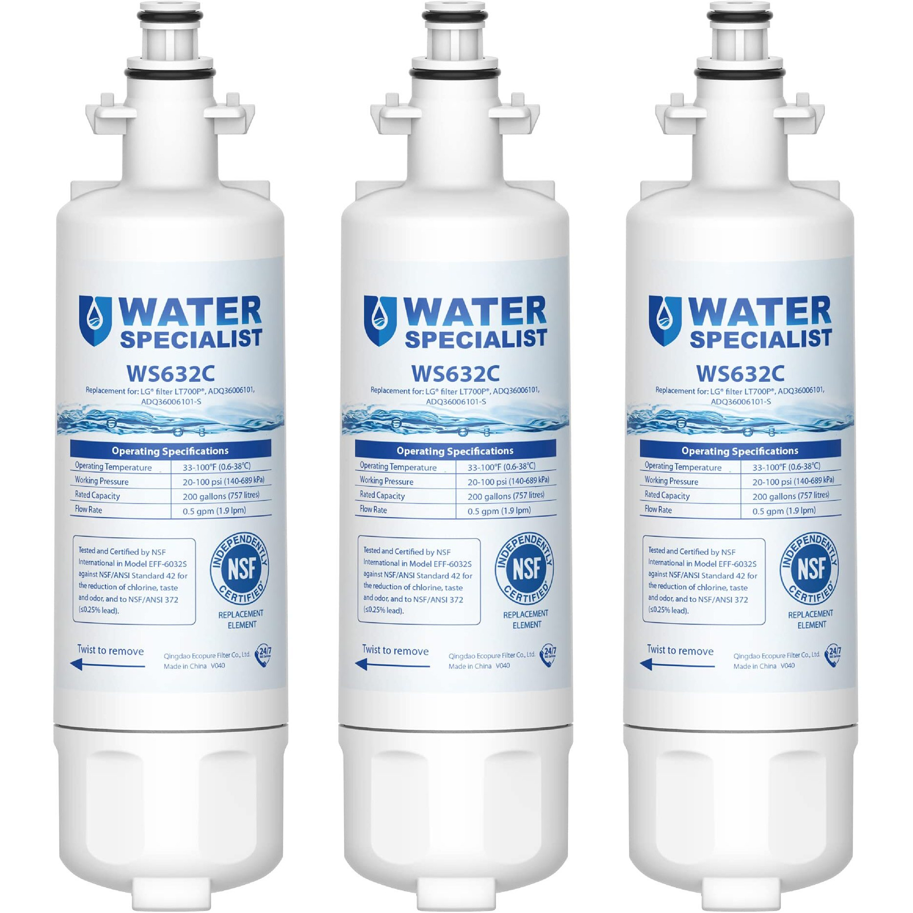 Waterspecialist 469690 Adq36006101 Refrigerator Water Filter, Replacement For Lg Lt700P, Kenmore 9690, Adq36006102, 46-9690, Lfxs30766S, Wsl-3, Fml-3, Rfc1200A, Pack Of 3