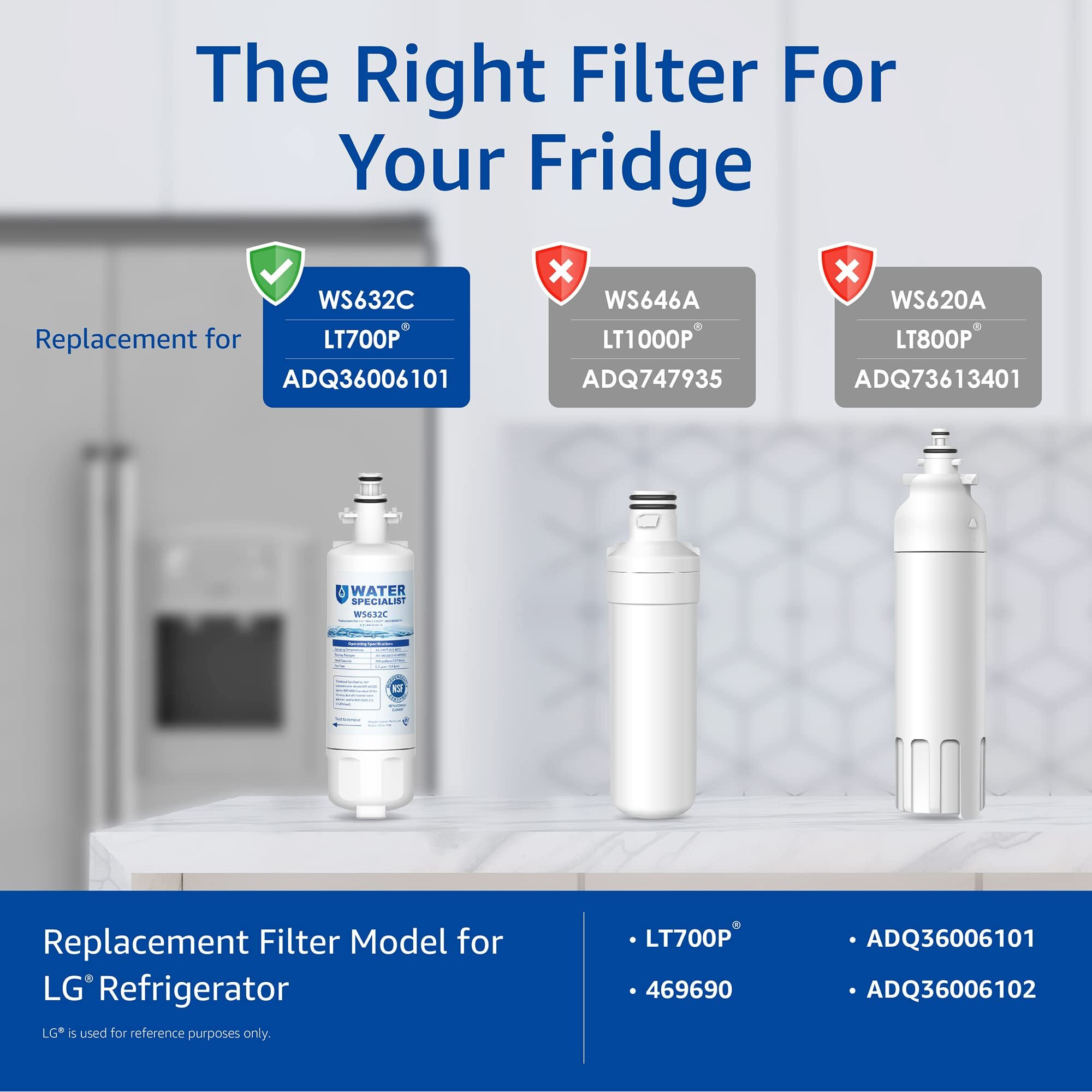 Waterspecialist 469690 Adq36006101 Refrigerator Water Filter, Replacement For Lg Lt700P, Kenmore 9690, Adq36006102, 46-9690, Lfxs30766S, Wsl-3, Fml-3, Rfc1200A, Pack Of 3