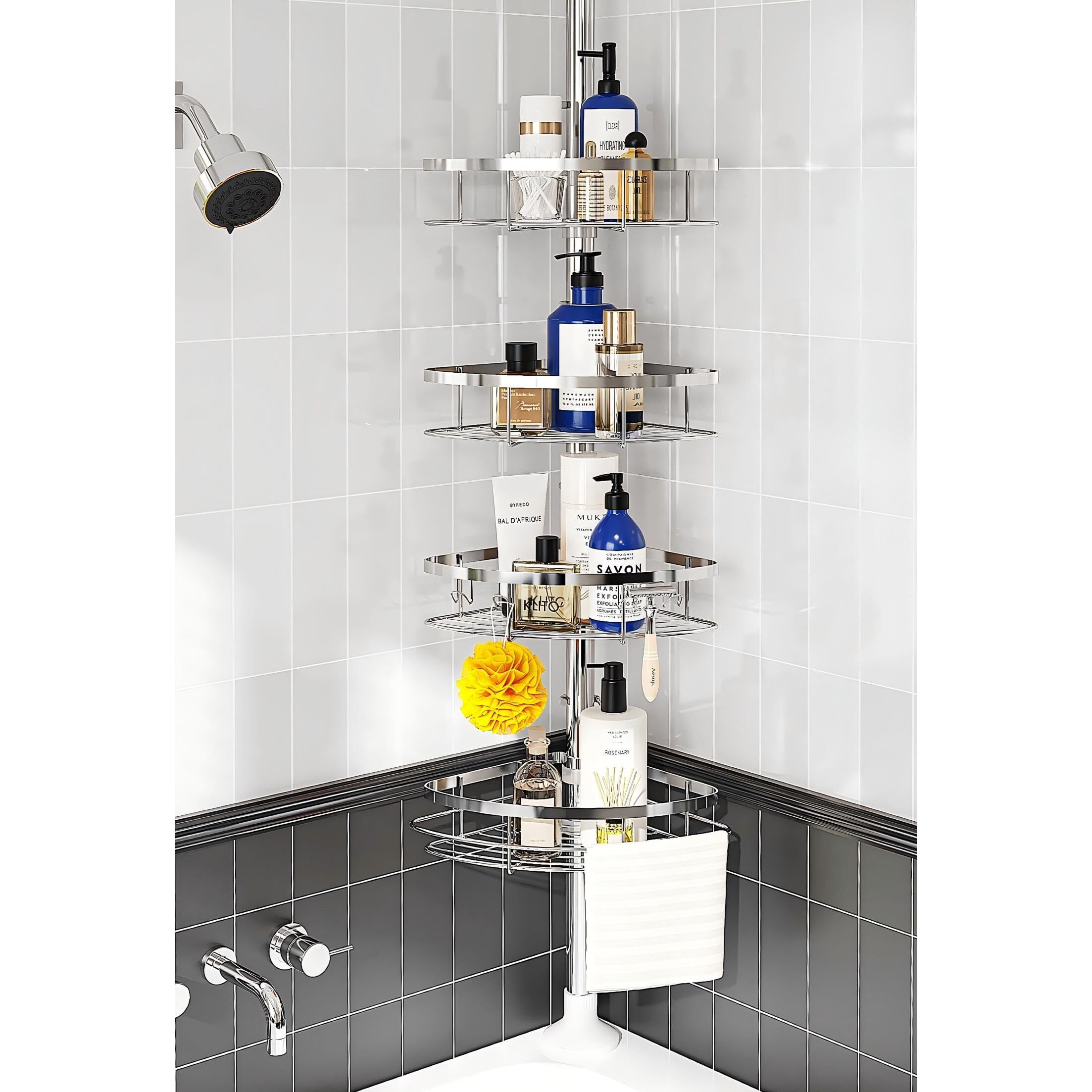 Seirione Rustproof Shower Corner Caddy Organizer For Bathroom, 4 Adjustable Shelves With Tension Pole, For Bathtub Shampoo Accessories Storage Holder, 39.2 To 113 Inch Height