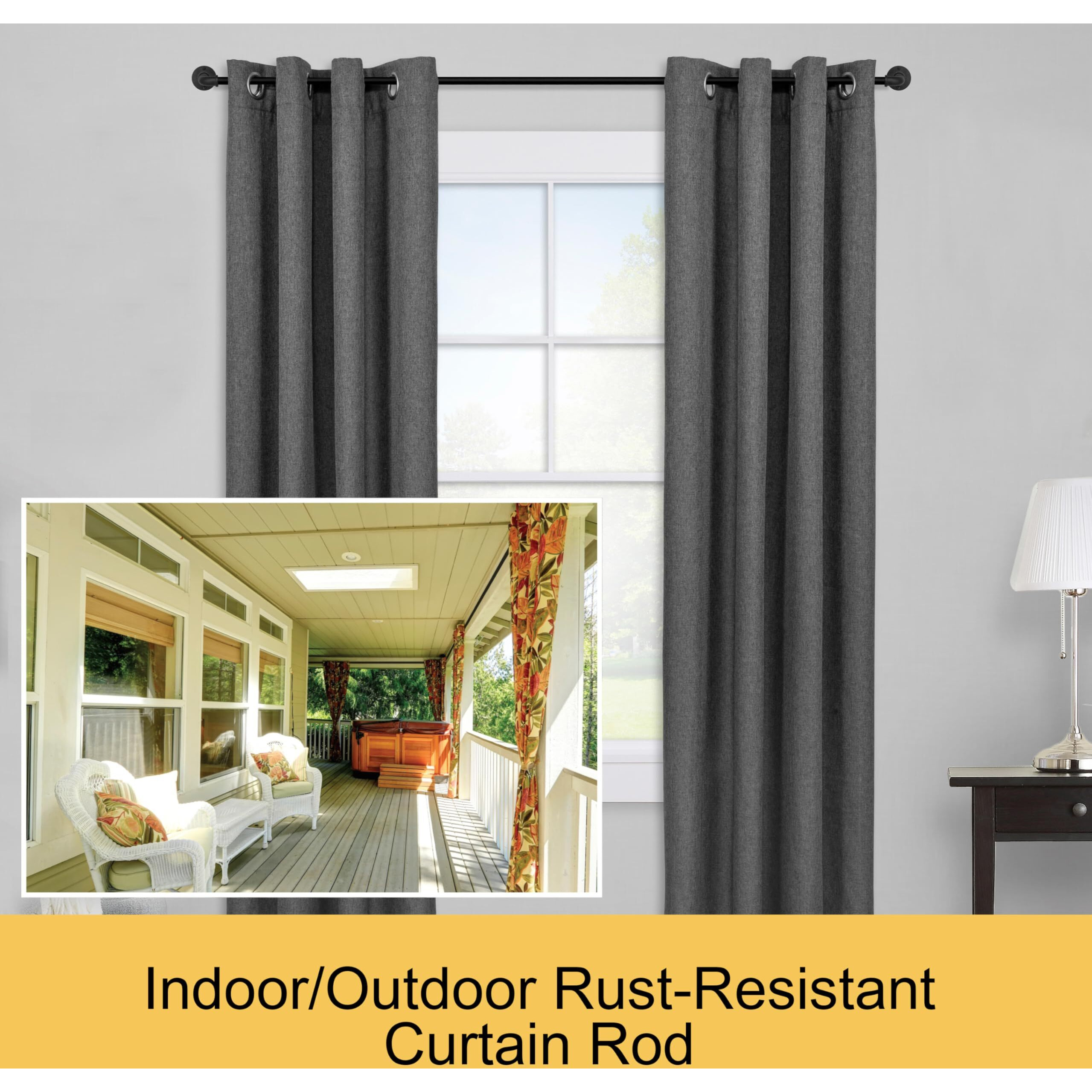 Kenney Adler Indoor/Outdoor Black Curtain Rod, Adjustable Curtain Rod For Windows 28 To 48 Inches, Outdoor Curtain Rod For Patio, Textured Pipe Industrial Curtain Rod
