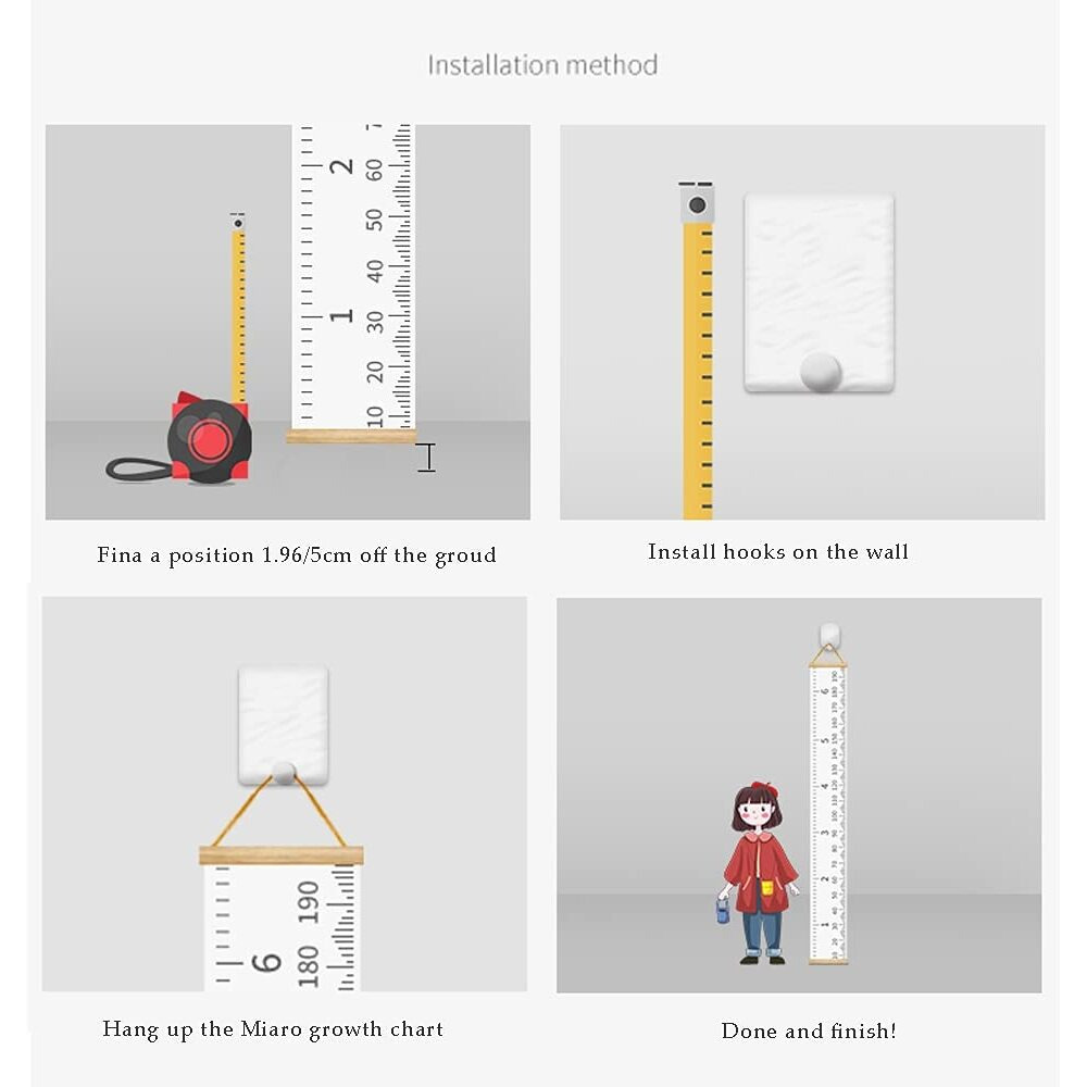 Minomia Kids Growth Chart, Wood Frame Fabric Canvas Height Measurement Ruler From Baby To Adult For Child's Room Decoration 7.9 X 79In (7.9 X 79In, White & Black)