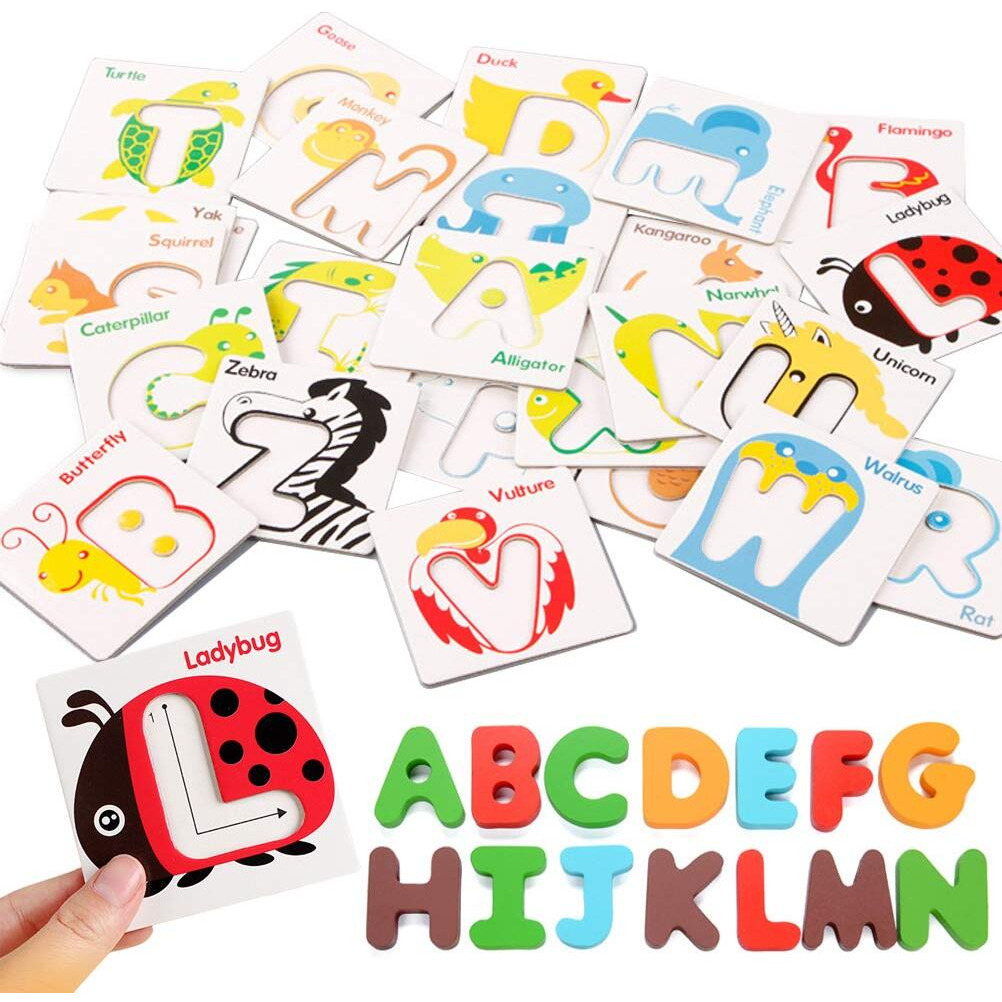 Vankcp 26Pcs Wooden Letters Card Numbers Alphabets Abc Flash Cards Set Montessori Animal Color Cognition Matching Puzzle Game