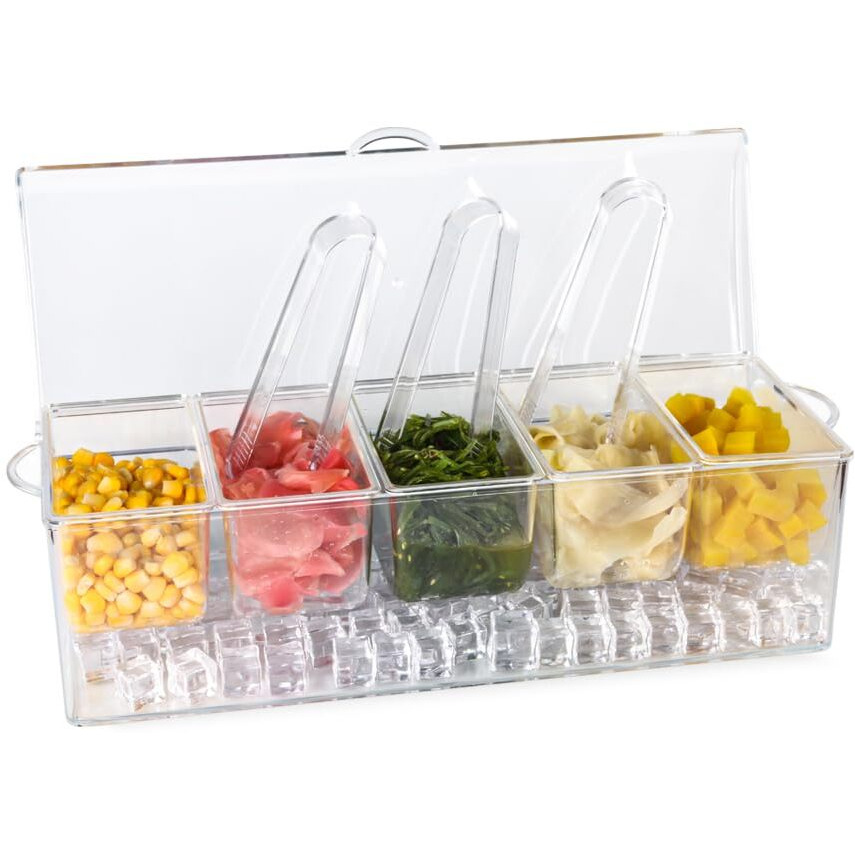 Ivyhome Chilled Condiment Server | Clear Icy Condiment Bar | Chilled Condiment Tray With Lid And 5 Removable Compartments