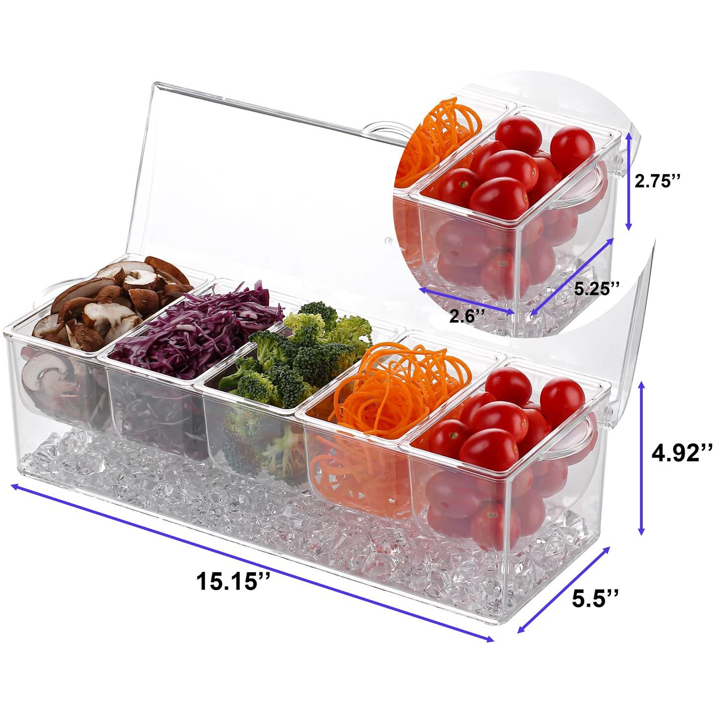 Ivyhome Ice Chilled 5 Compartment Condiment Server Caddy | Fruit Serving Tray | Condiment Pots With 5 Removable Dishes Over 2 Cup Capacity Each And Hinged Lid