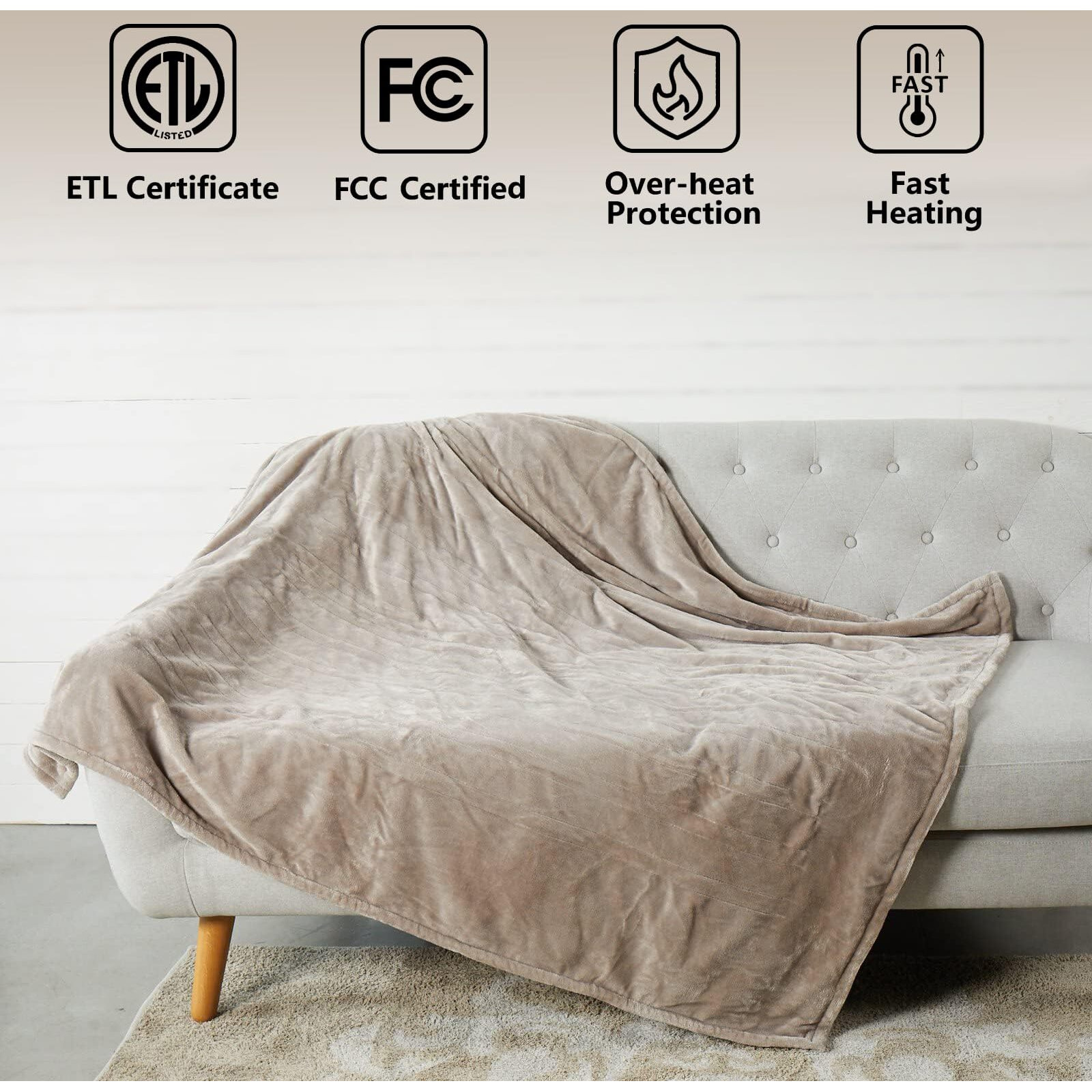 Tefici Electric Heated Blanket Throw, Super Cozy Soft 2-Layer Flannel 50"" X 60"" Heated Throw With 3 Heating Levels & 4 Hours Auto Off, Machine Washable, Etl&Fcc Certified, Home Office Use,Camel