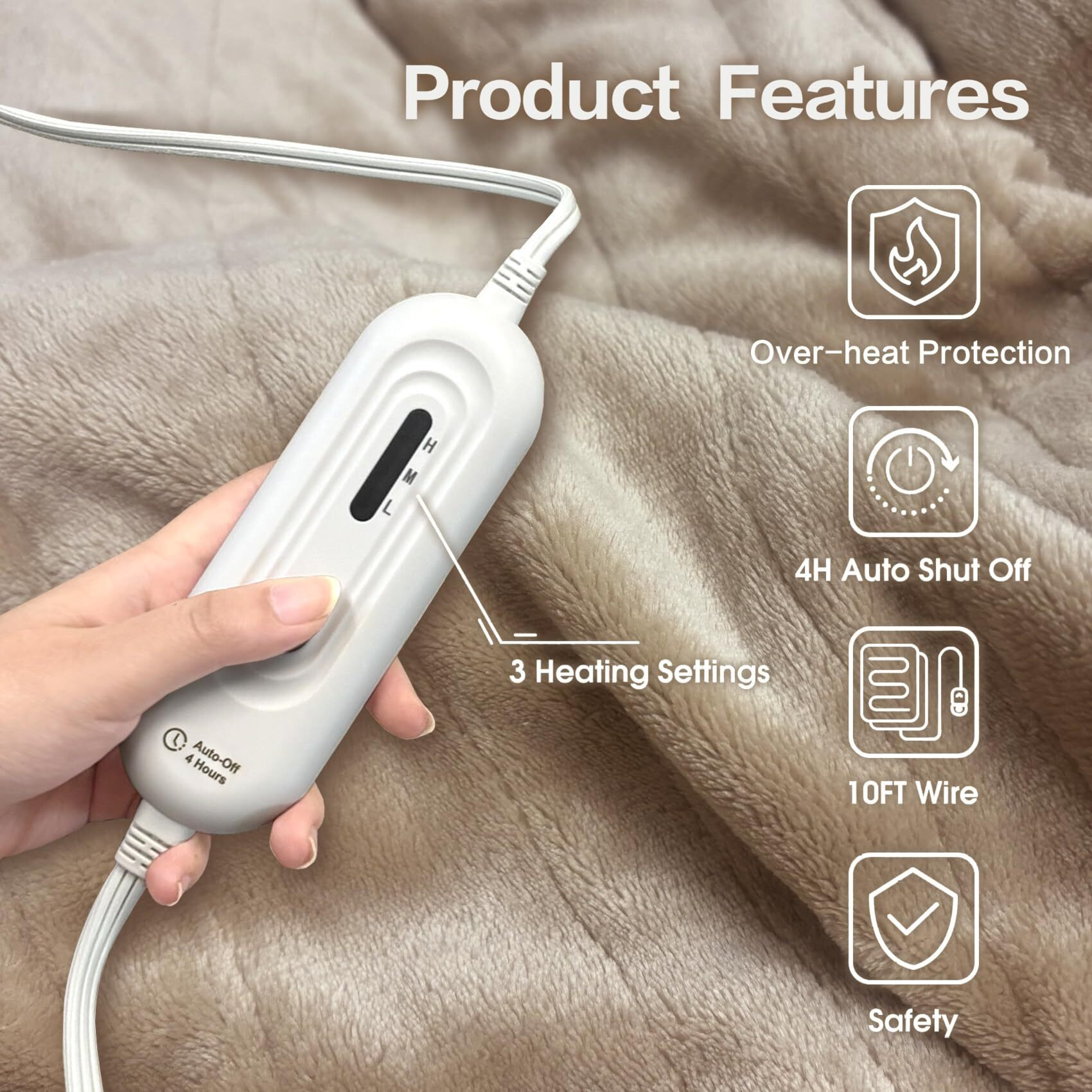 Tefici Electric Heated Blanket Throw, Super Cozy Soft 2-Layer Flannel 50"" X 60"" Heated Throw With 3 Heating Levels & 4 Hours Auto Off, Machine Washable, Etl&Fcc Certified, Home Office Use,Camel