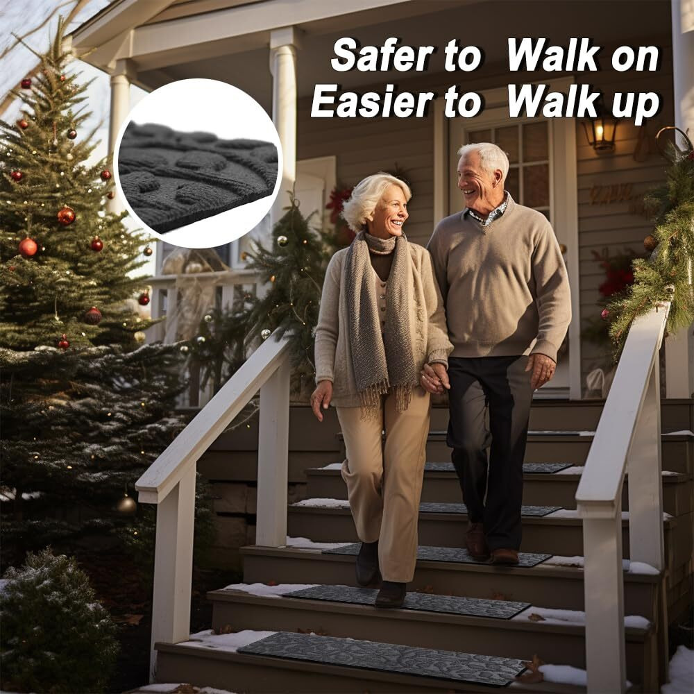 Aucuda 6Pcs 8.5"" X 30"" Stair Treads For Elders And Dogs On Wooden Steps Indoor, Winter, Non Slip Stair Runner Rug Ice Insulation With Rubber Backing, Gray Floral Staircase Mat Carpet For Outdoor Grip.