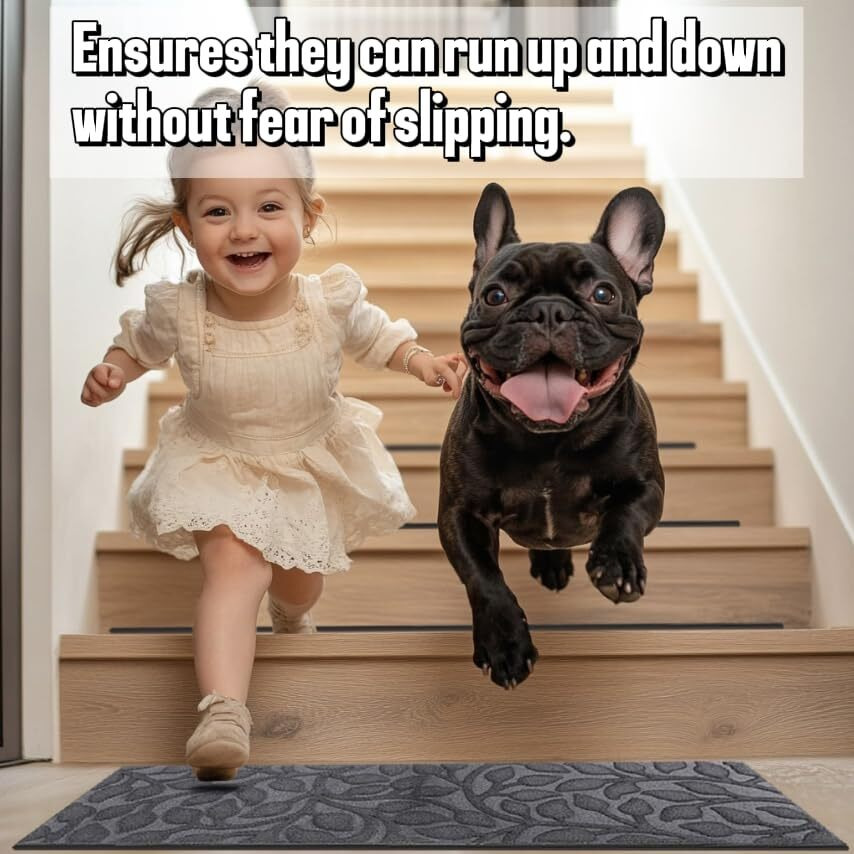 Aucuda 6Pcs 8.5"" X 30"" Stair Treads For Elders And Dogs On Wooden Steps Indoor, Winter, Non Slip Stair Runner Rug Ice Insulation With Rubber Backing, Gray Floral Staircase Mat Carpet For Outdoor Grip.