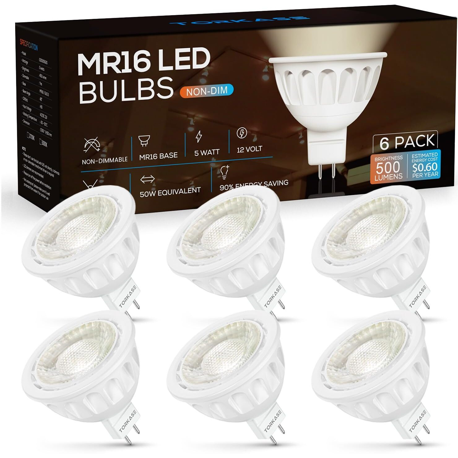 Torkase Mr16 Led Light Bulb, Ac/Dc12V 5W 50W Equivalent, Gu5.3 Bi-Pin Base, 3000K Warm White Non-Dimmable, 90% Energy Saving, 40 Degree Narrow Beam Angle Spotlight Mr16 Landscape Light Bulbs, 6 Pack